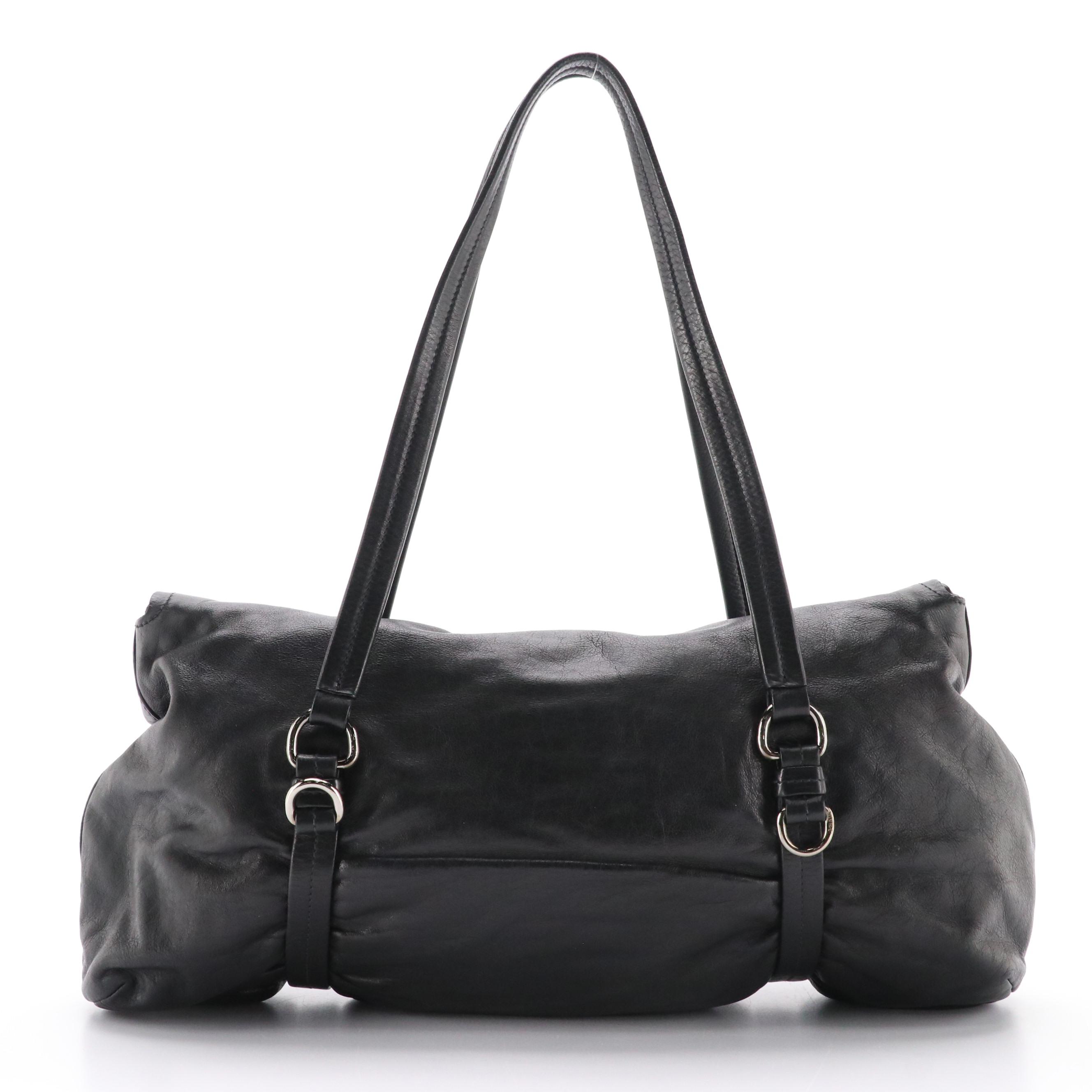Prada Black Leather Front-Flap Shoulder Bag