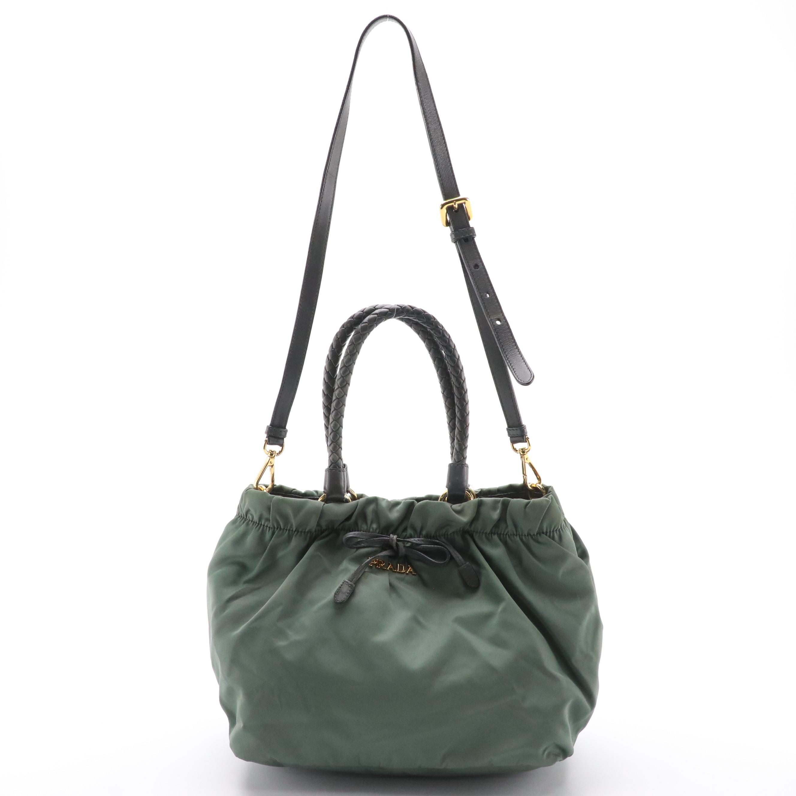 Prada Two-Way Tote in Green Gathered Tessuto Nylon with Woven Leather Handles