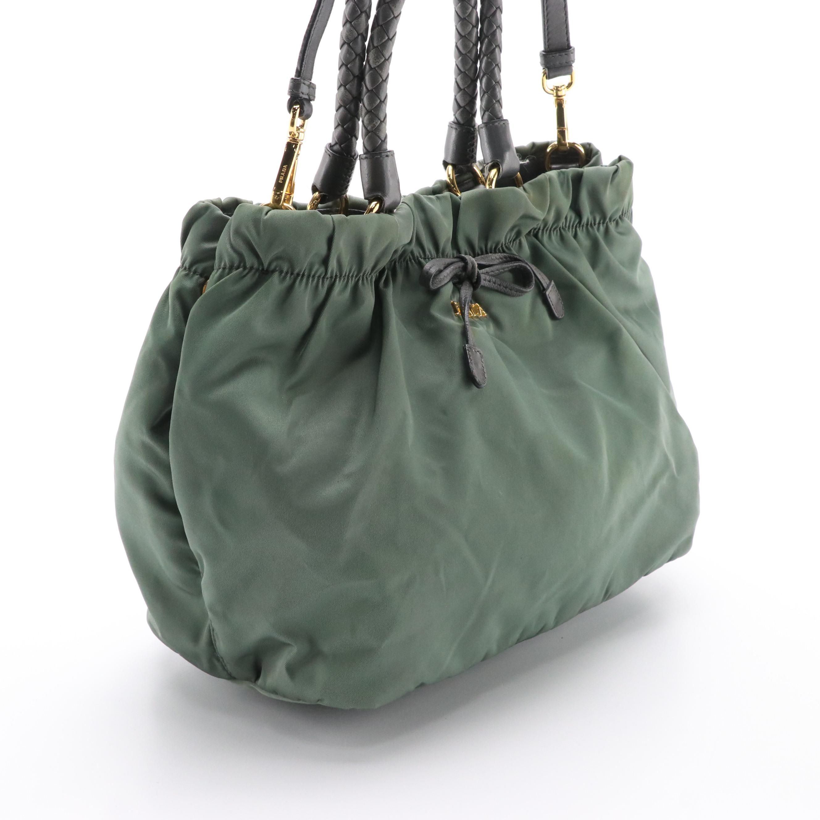 Prada Two-Way Tote in Green Gathered Tessuto Nylon with Woven Leather Handles