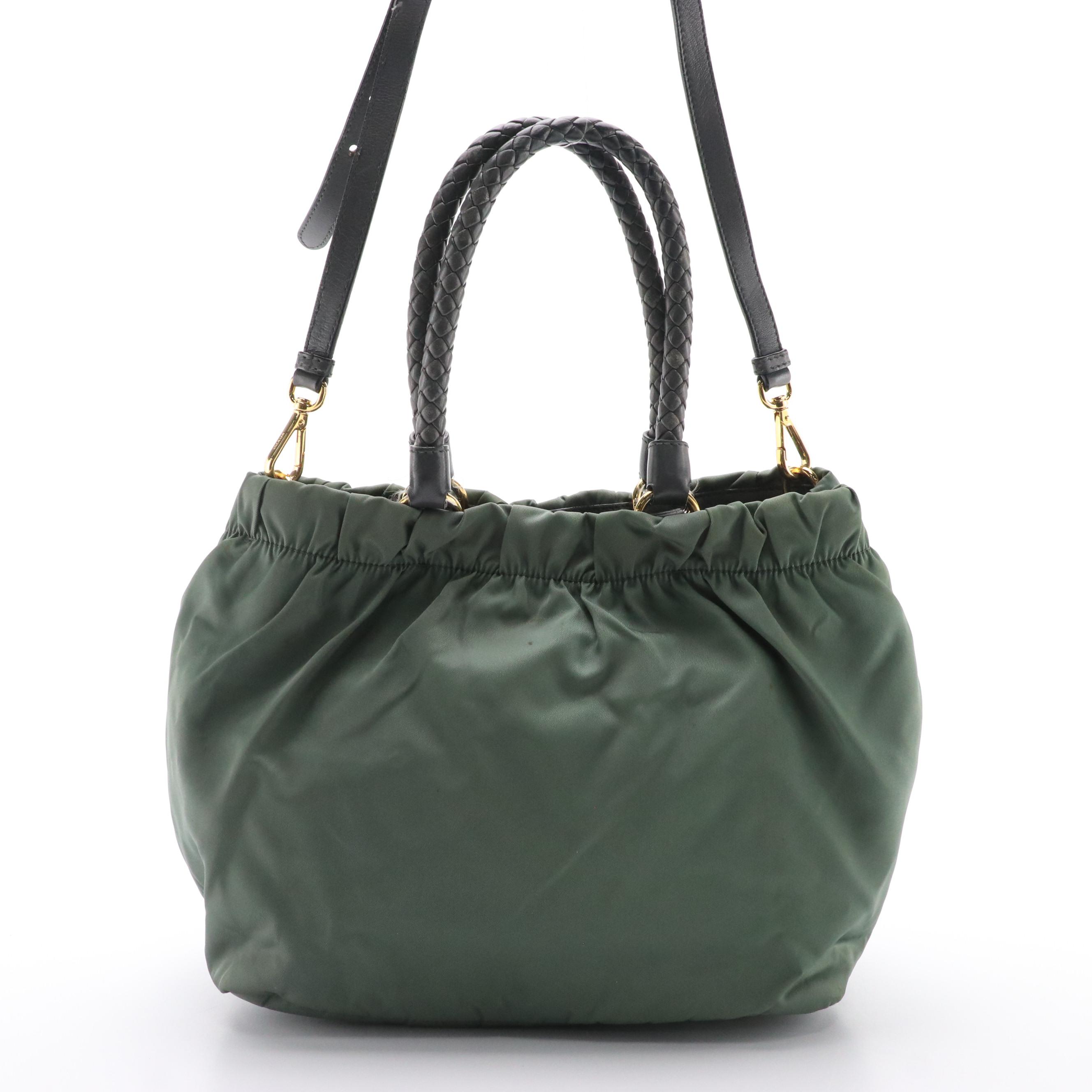 Prada Two-Way Tote in Green Gathered Tessuto Nylon with Woven Leather Handles