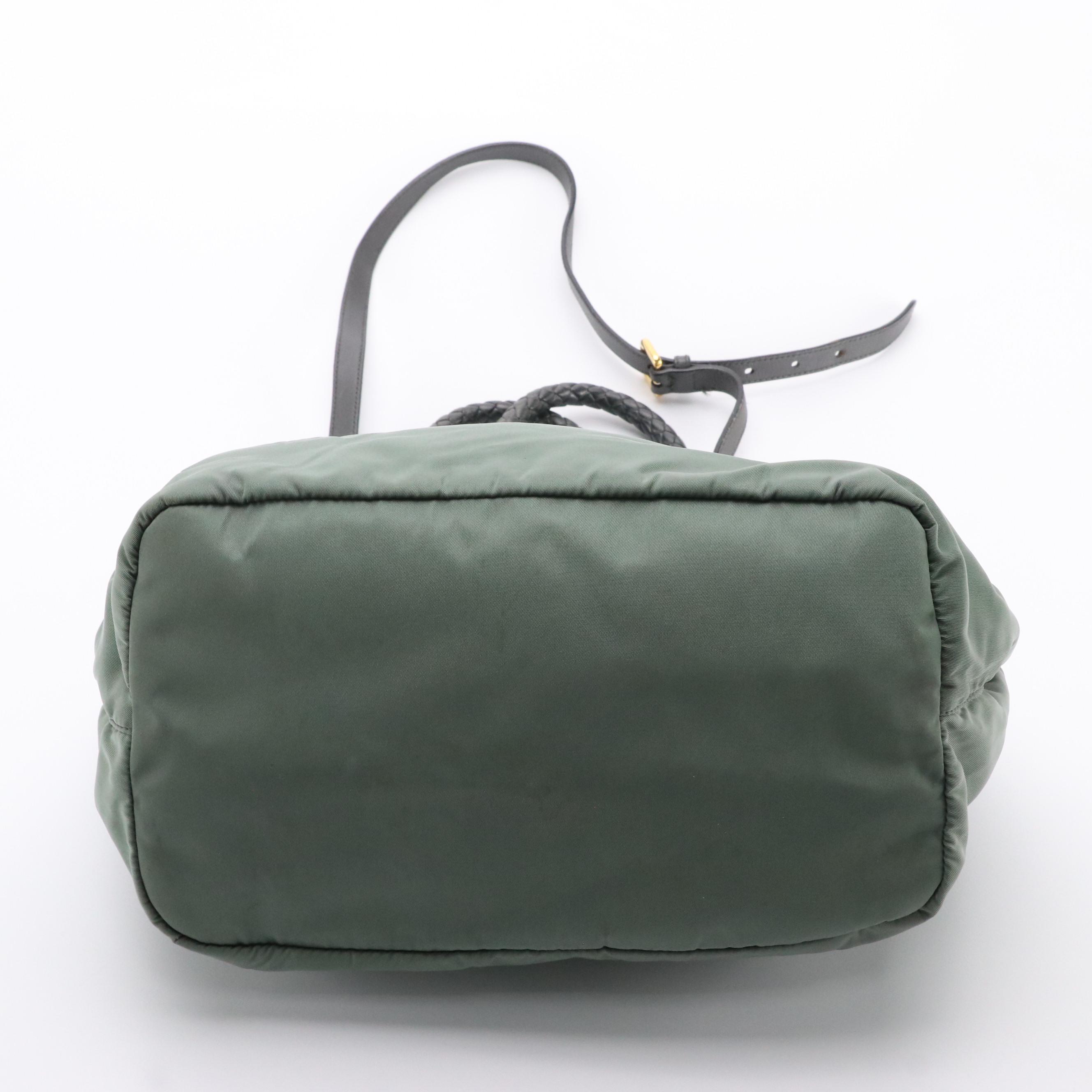 Prada Two-Way Tote in Green Gathered Tessuto Nylon with Woven Leather Handles