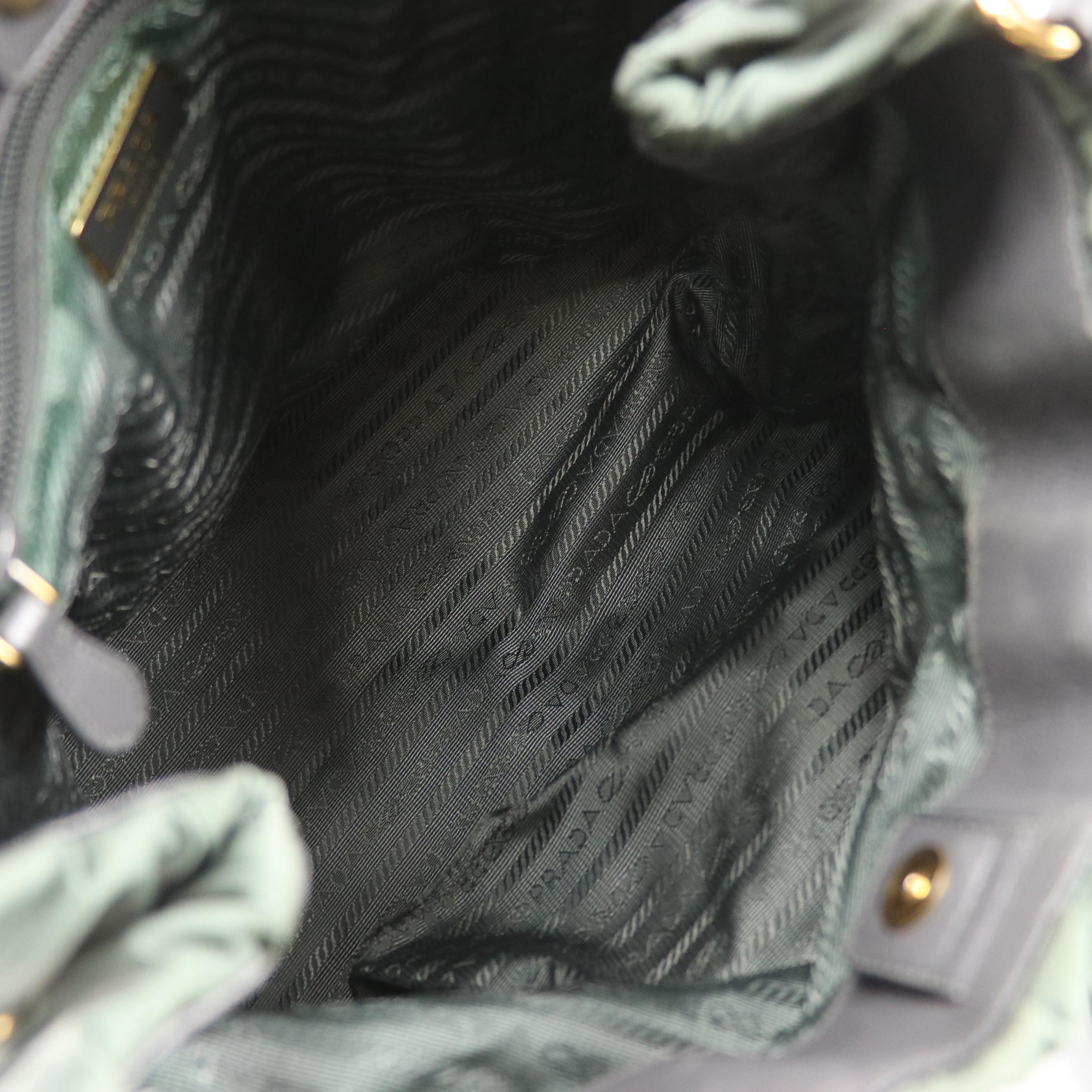 Prada Two-Way Tote in Green Gathered Tessuto Nylon with Woven Leather Handles