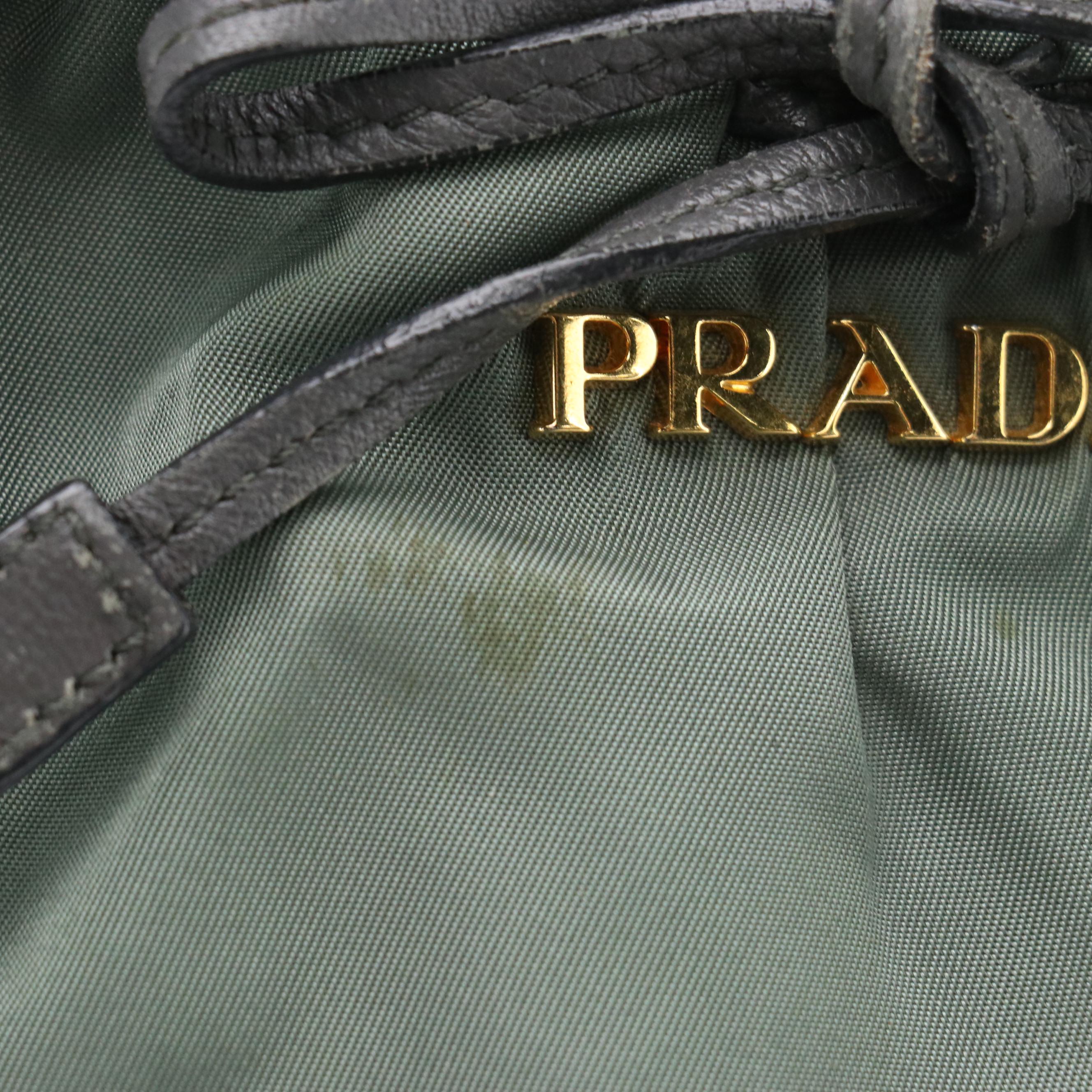 Prada Two-Way Tote in Green Gathered Tessuto Nylon with Woven Leather Handles