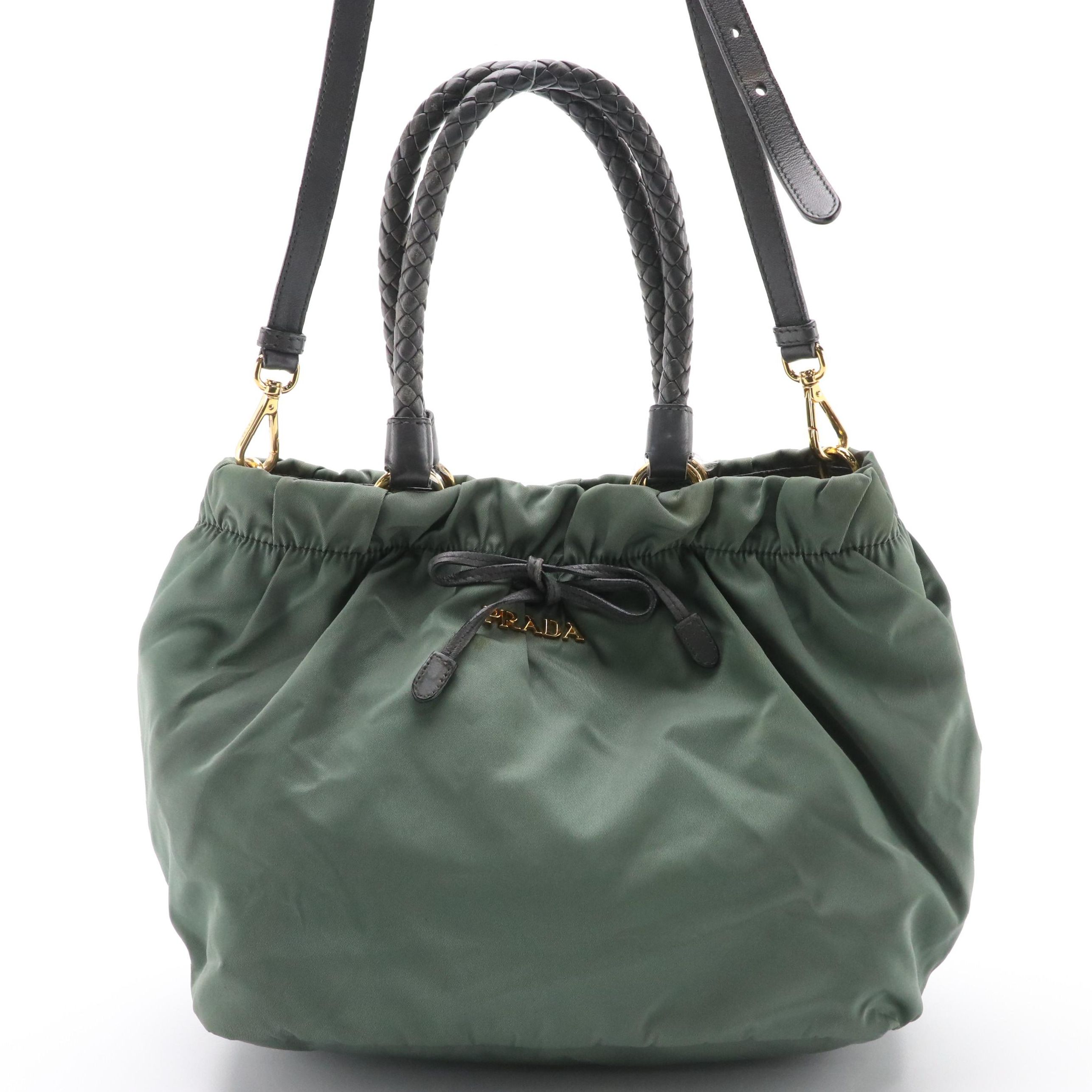Prada Two-Way Tote in Green Gathered Tessuto Nylon with Woven Leather Handles