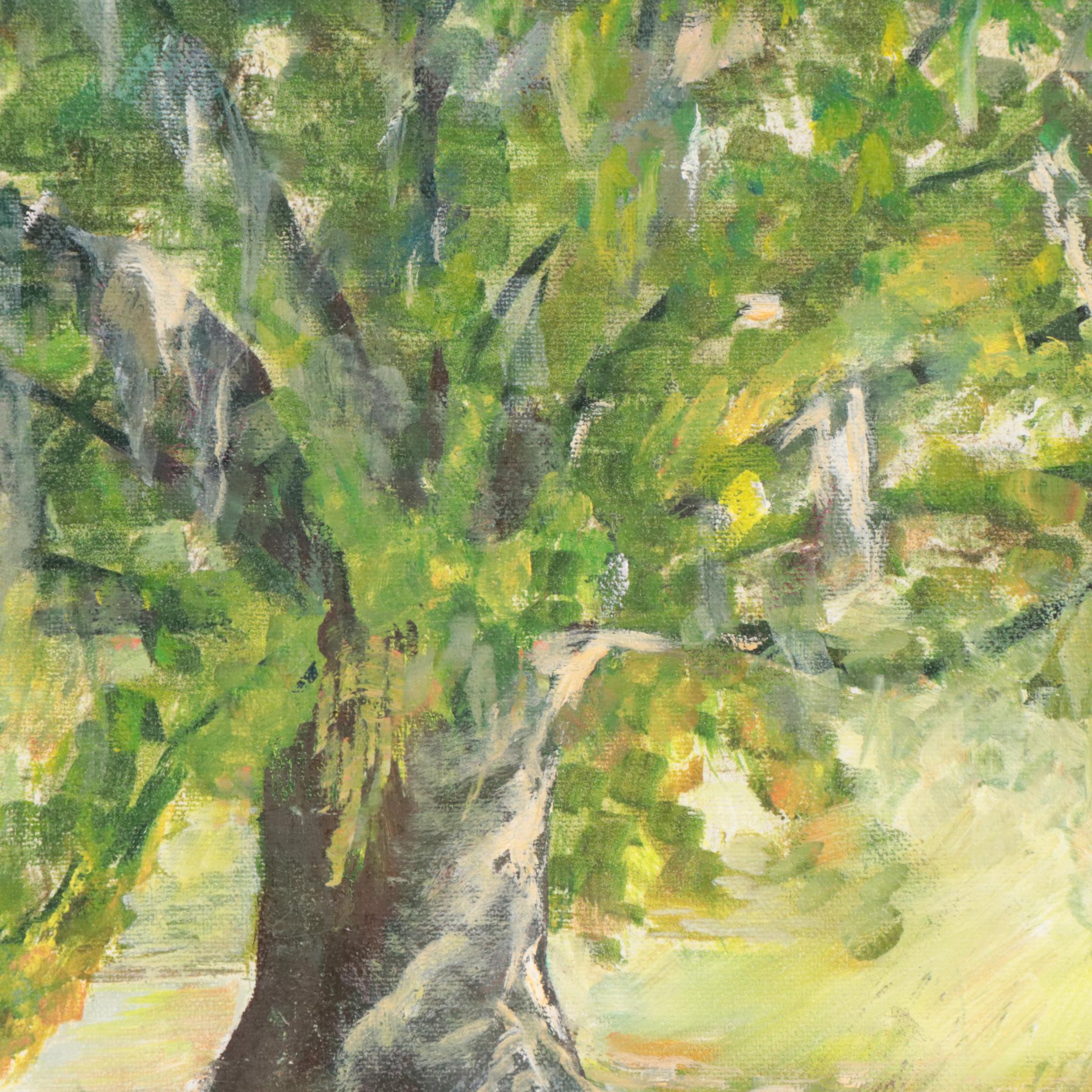 Acrylic Landscape Painting with Sunlight Through Tree, 21st Century