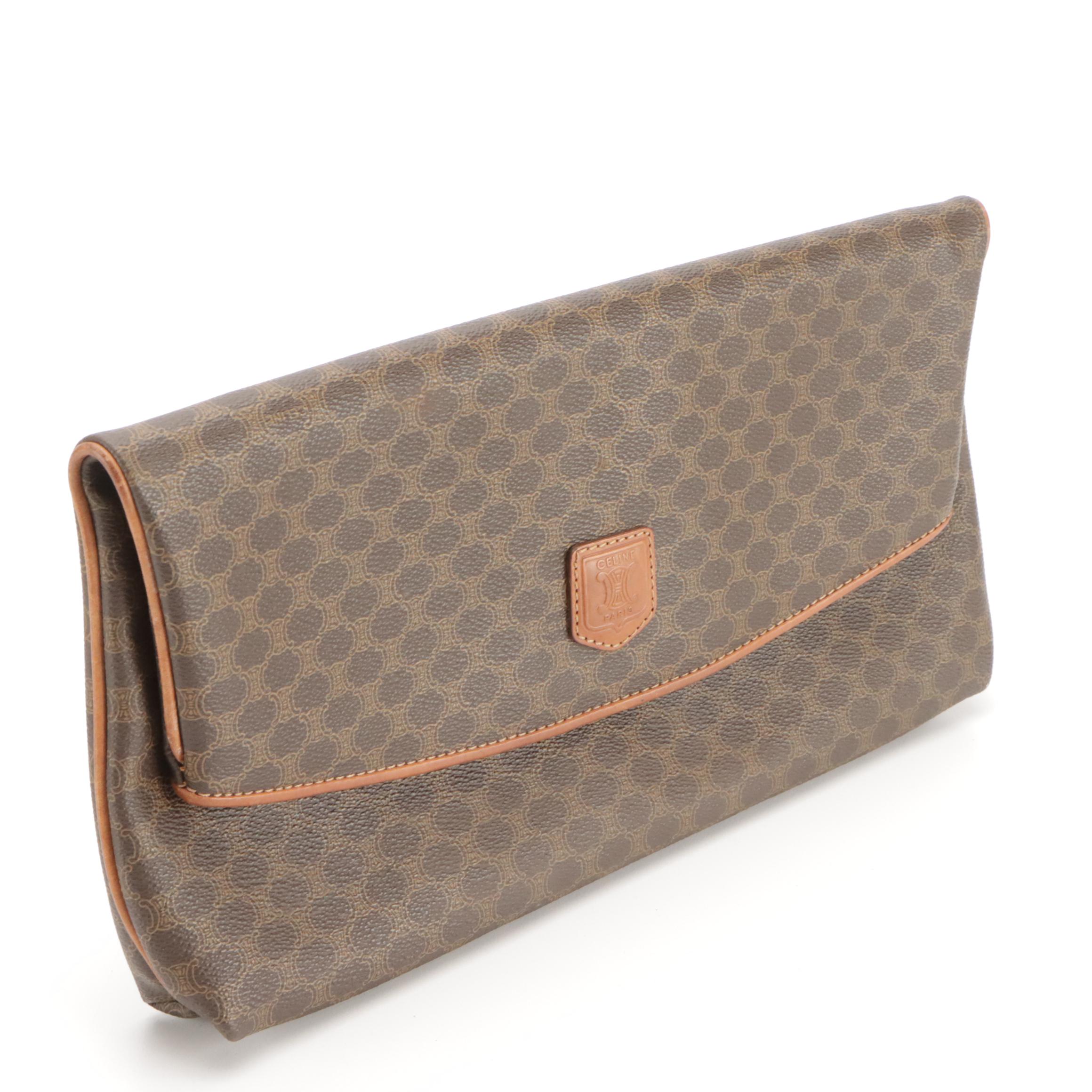 Celine Foldover Clutch in Macadam Canvas with Leather Trim