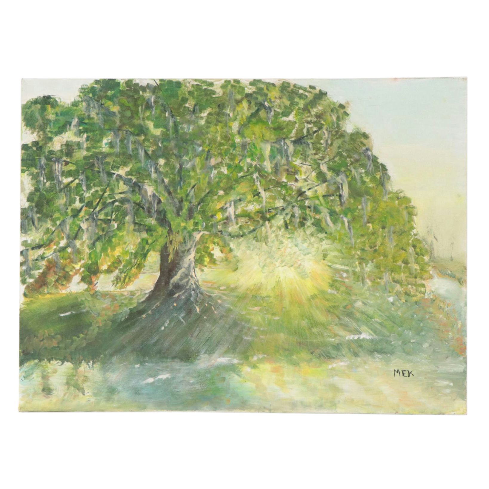 Acrylic Landscape Painting with Sunlight Through Tree, 21st Century