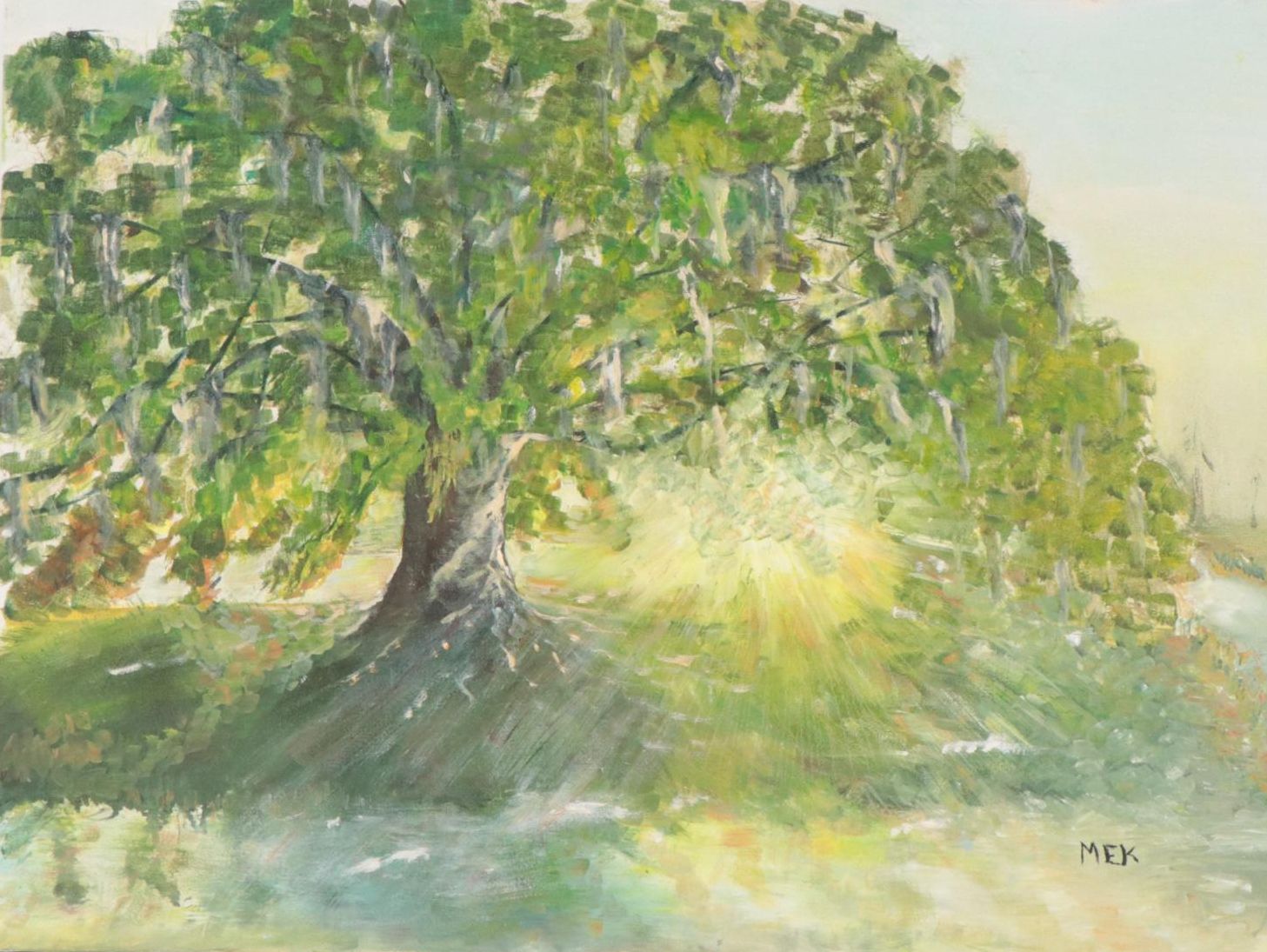 Acrylic Landscape Painting with Sunlight Through Tree, 21st Century