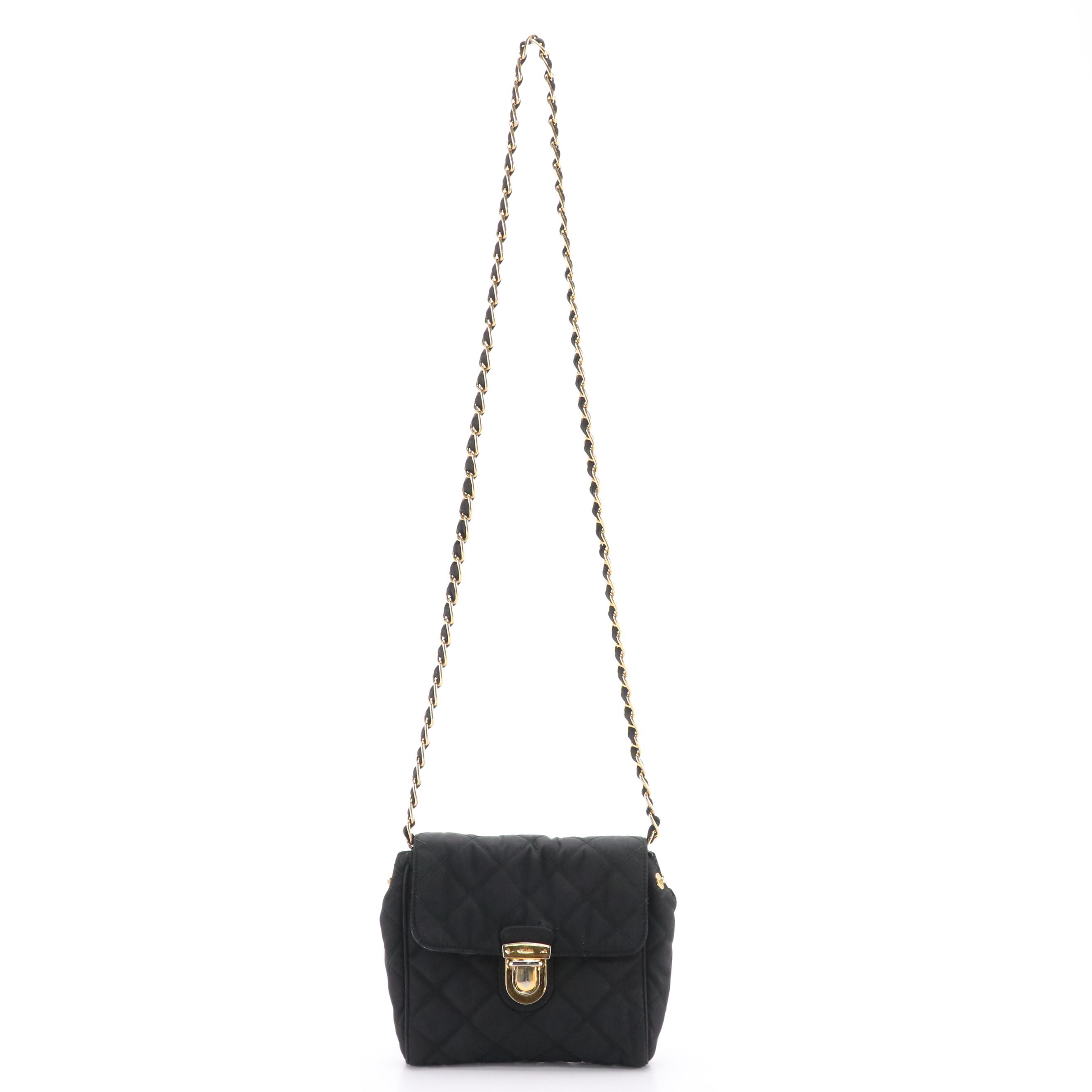 Prada Pushlock Crossbody Bag in Black Quilted Tessuto Nylon with Chain Strap