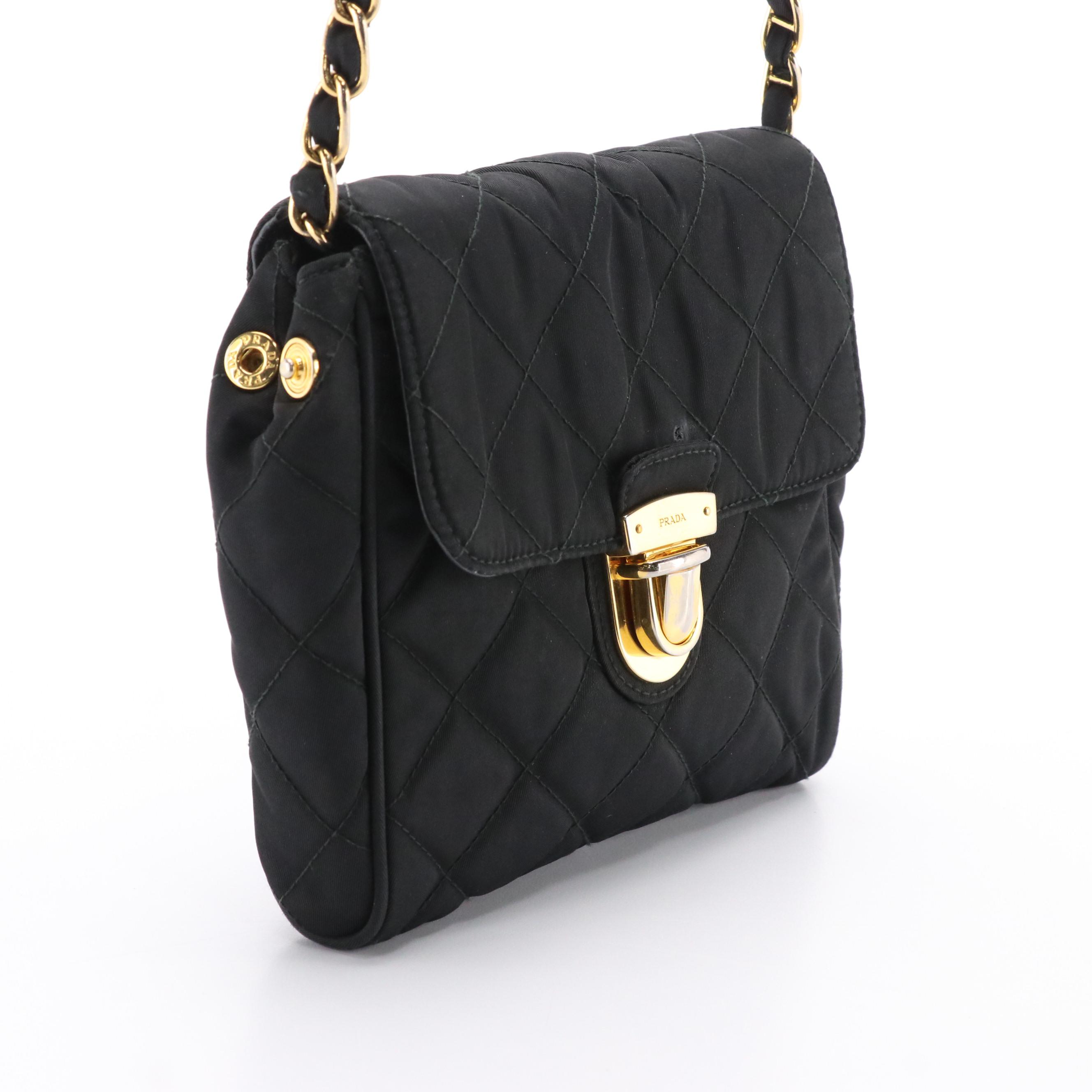 Prada Pushlock Crossbody Bag in Black Quilted Tessuto Nylon with Chain Strap