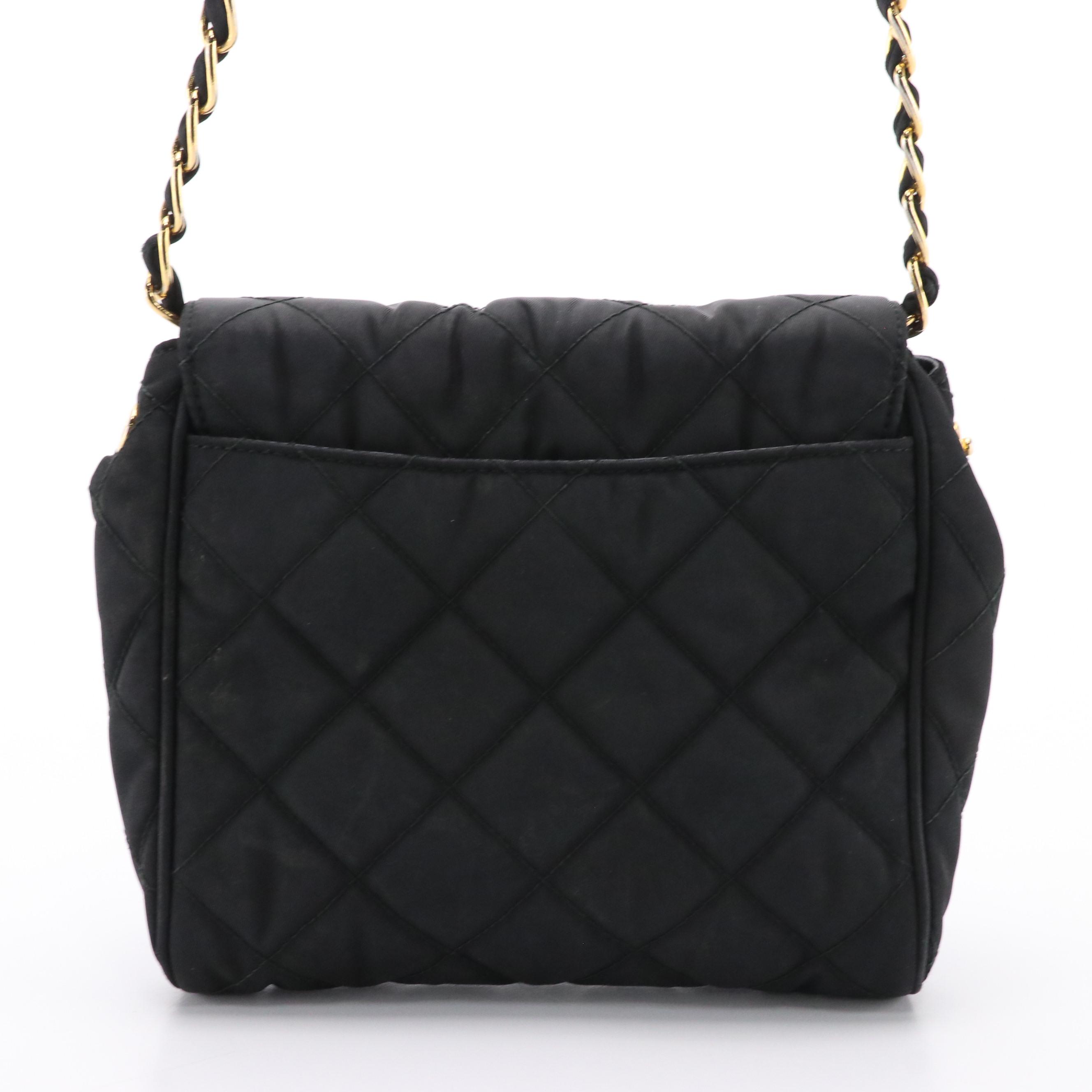 Prada Pushlock Crossbody Bag in Black Quilted Tessuto Nylon with Chain Strap