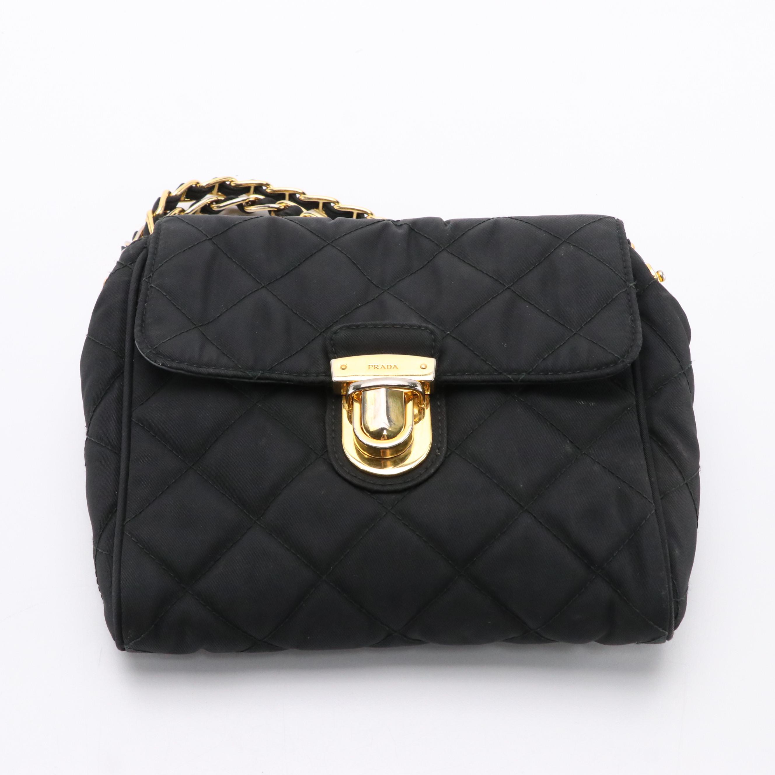 Prada Pushlock Crossbody Bag in Black Quilted Tessuto Nylon with Chain Strap