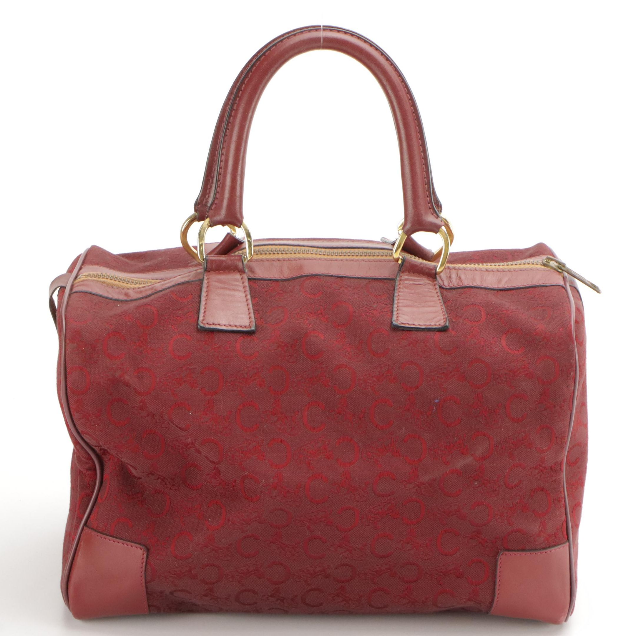 Céline Burgundy C Horse and Carriage Jacquard Canvas and Leather Boston Bag