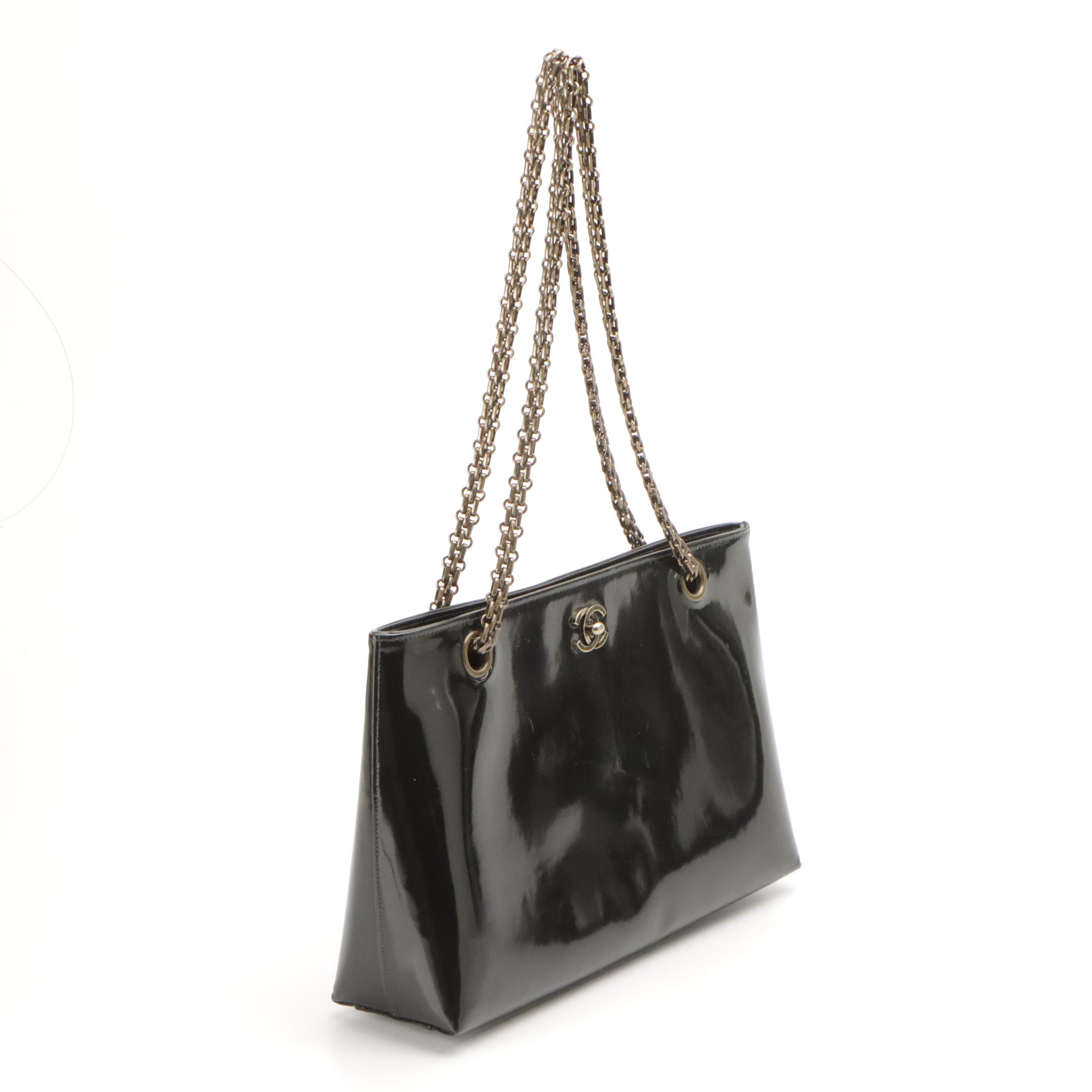 Chanel Black Patent Leather Chain Strap Bag With Box