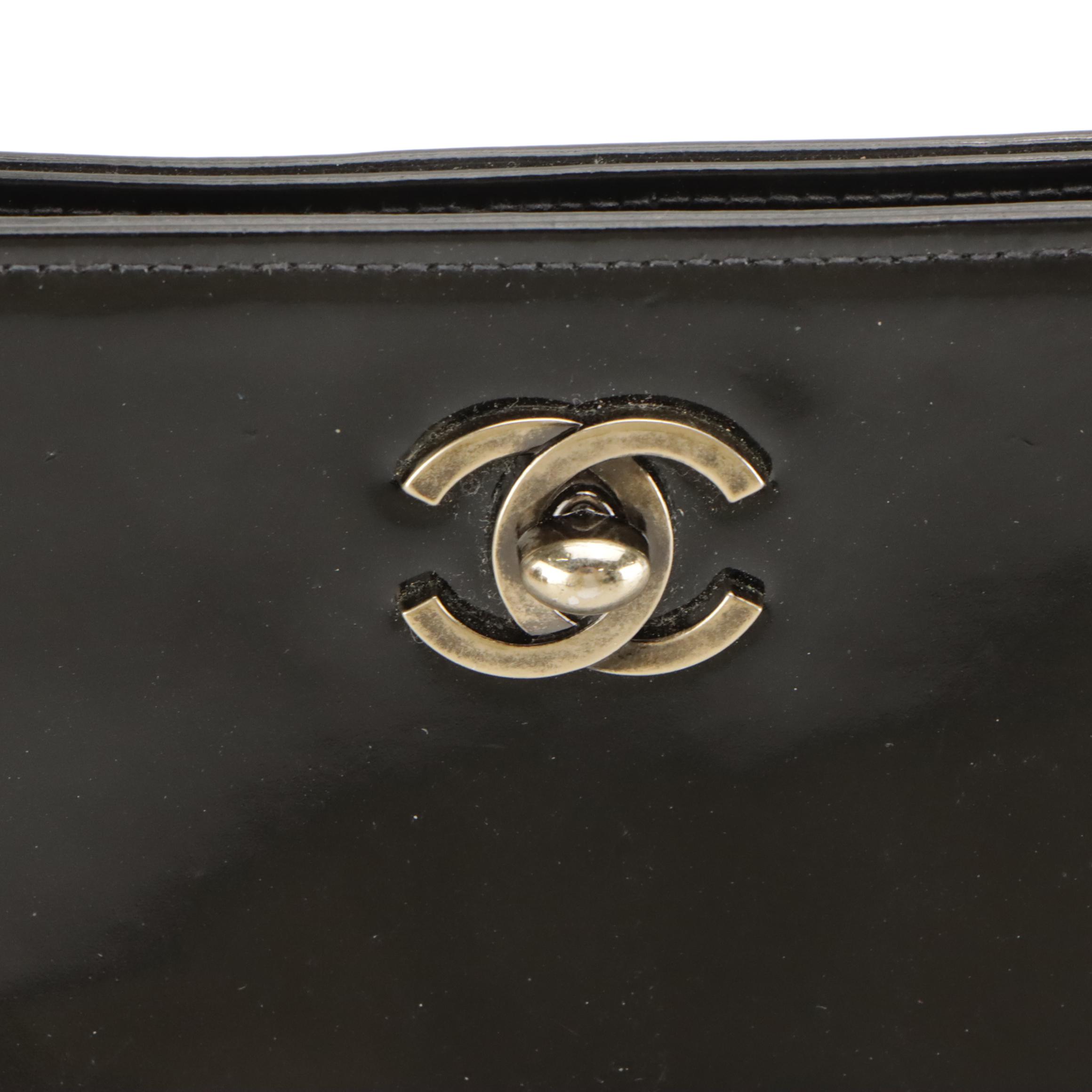 Chanel Black Patent Leather Chain Strap Bag With Box