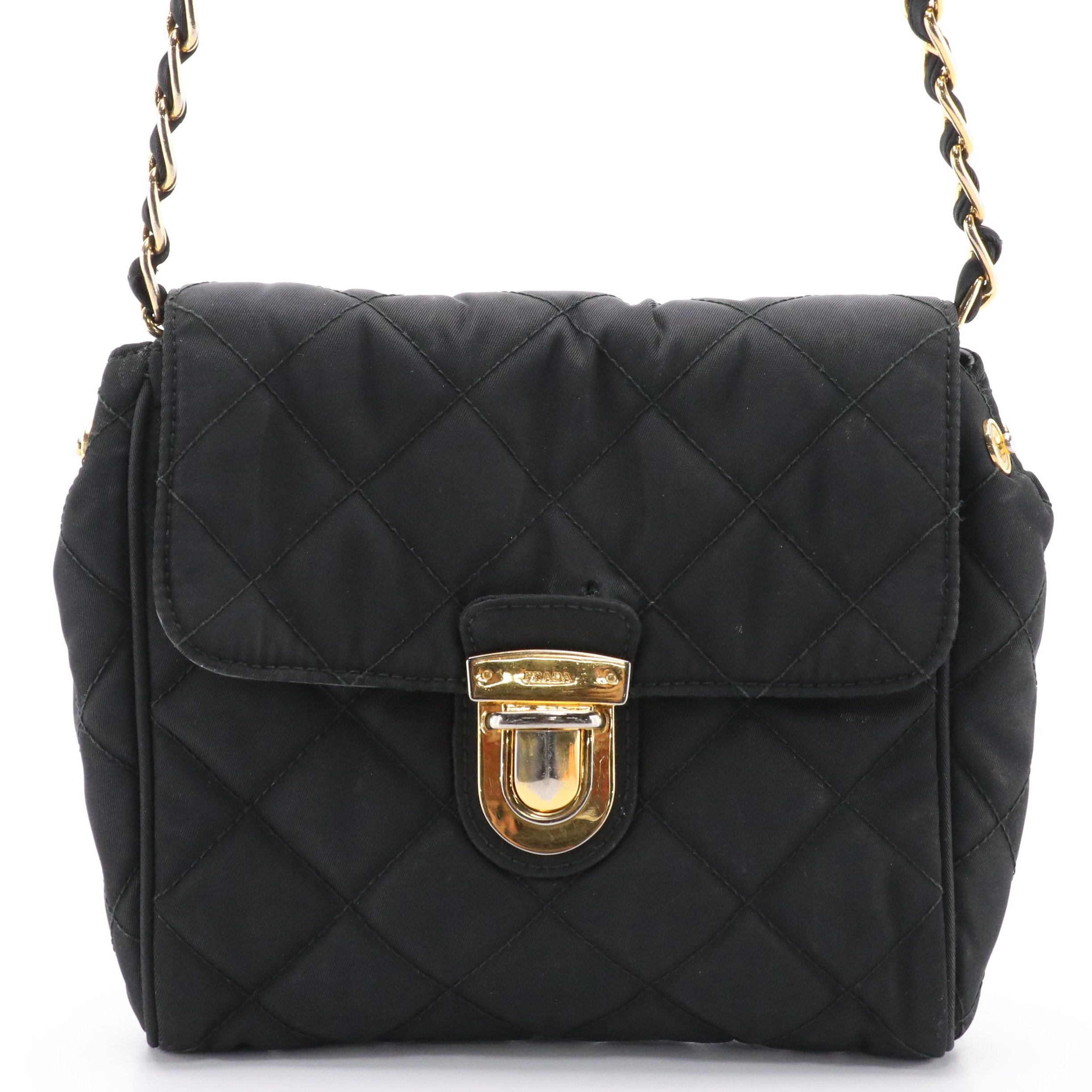 Prada Pushlock Crossbody Bag in Black Quilted Tessuto Nylon with Chain Strap