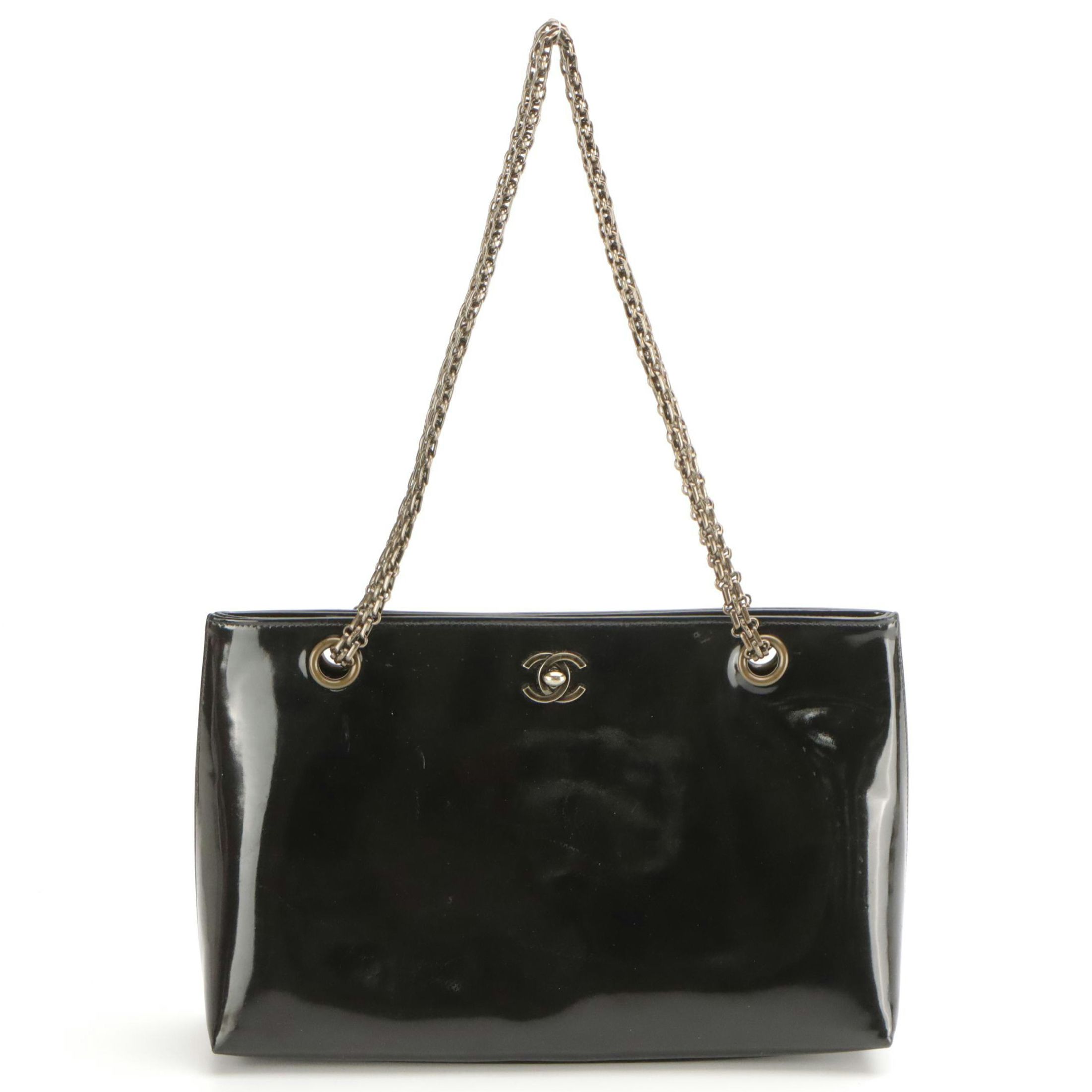 Chanel Black Patent Leather Chain Strap Bag With Box