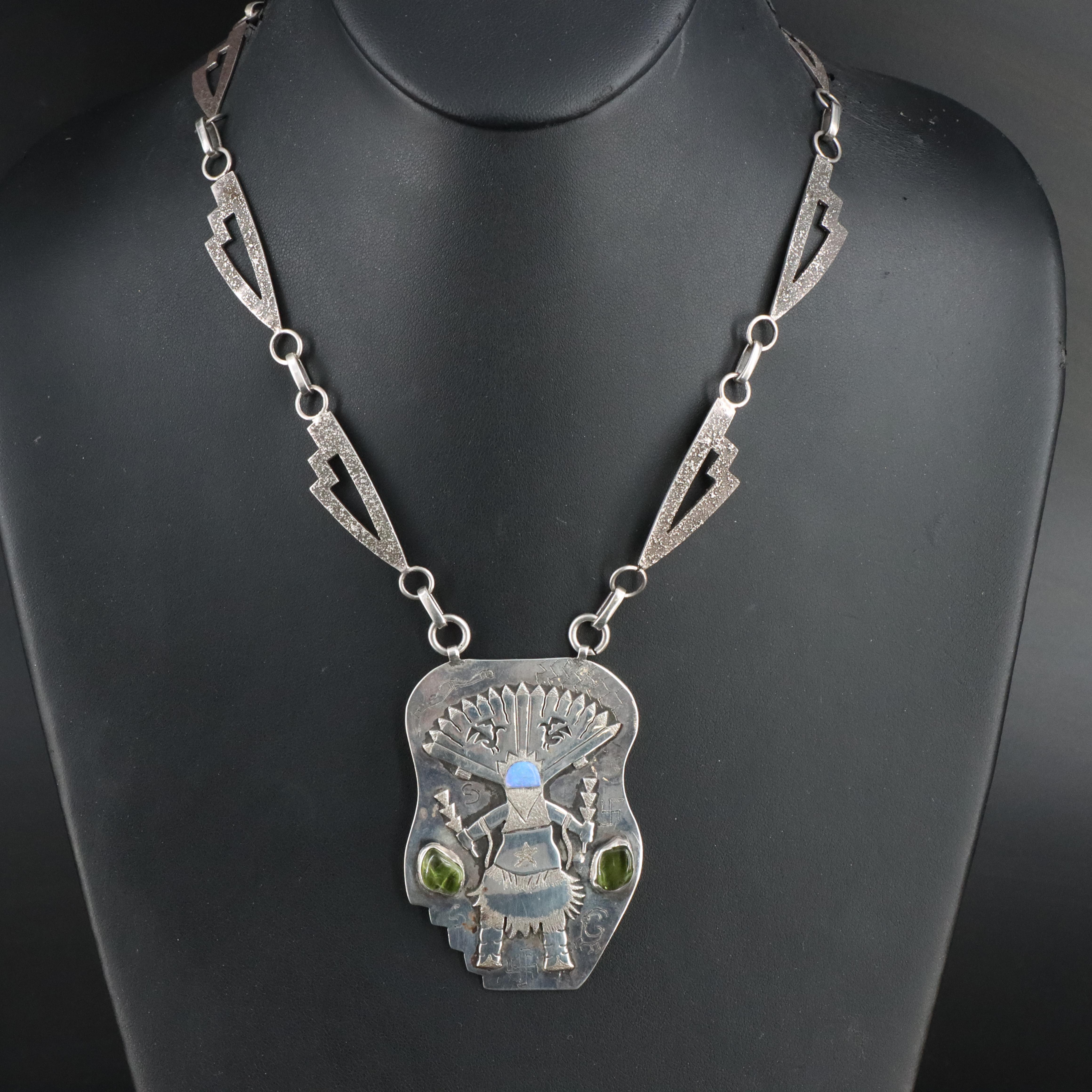 Artisan Signed Sterling Peridot and Opal Apache Gaan Dancer Necklace