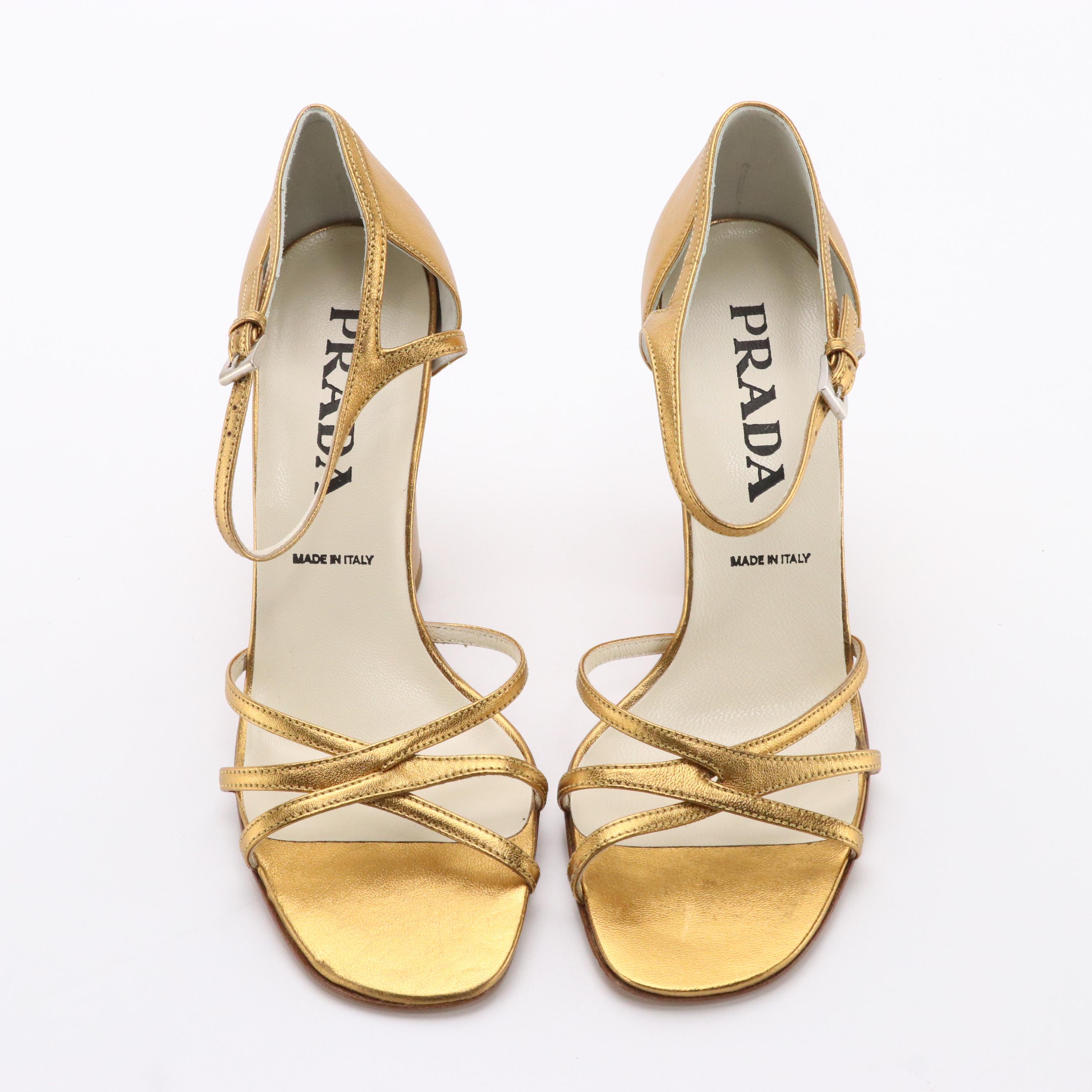 Prada Strappy Metallic Gold Leather Pumps With Box