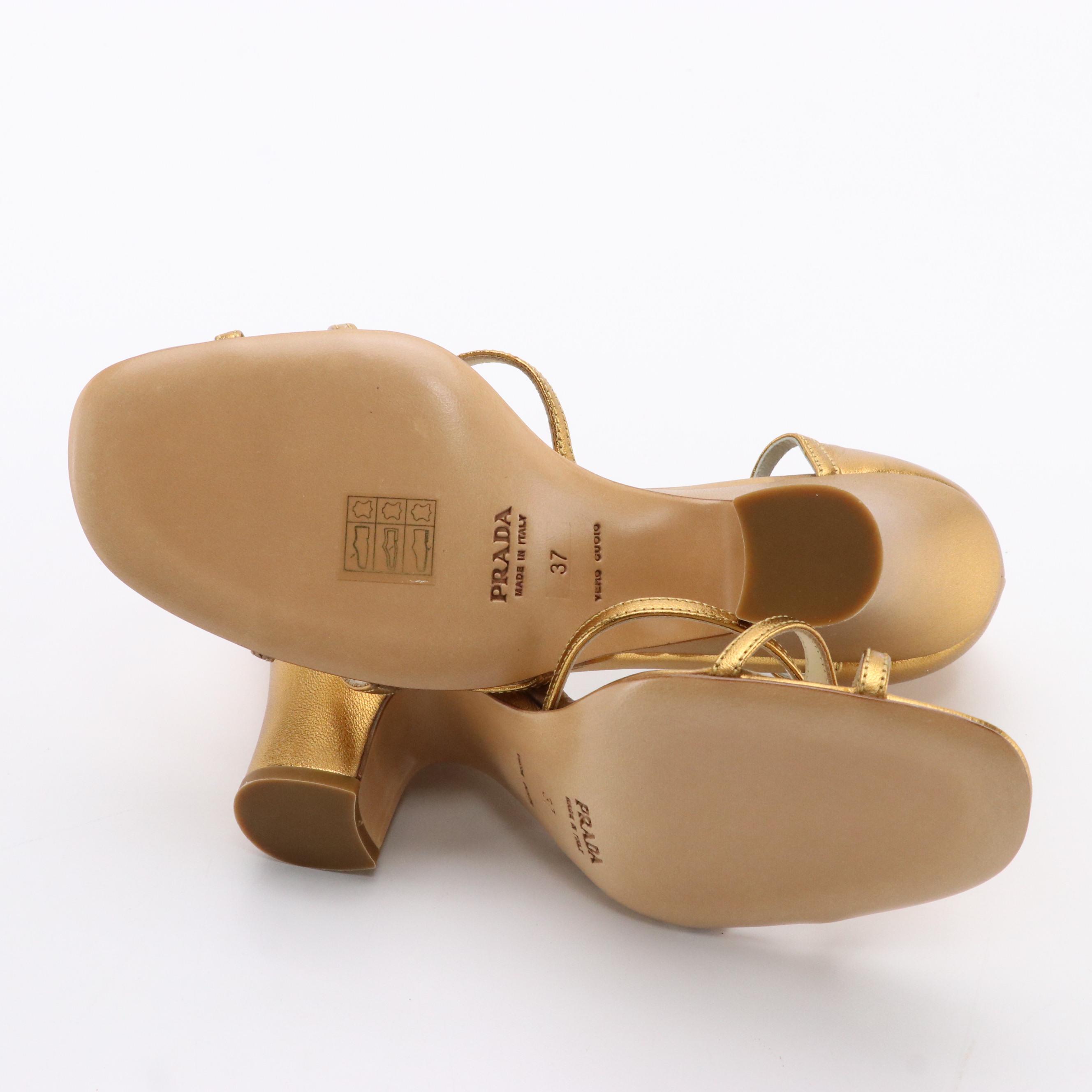 Prada Strappy Metallic Gold Leather Pumps With Box