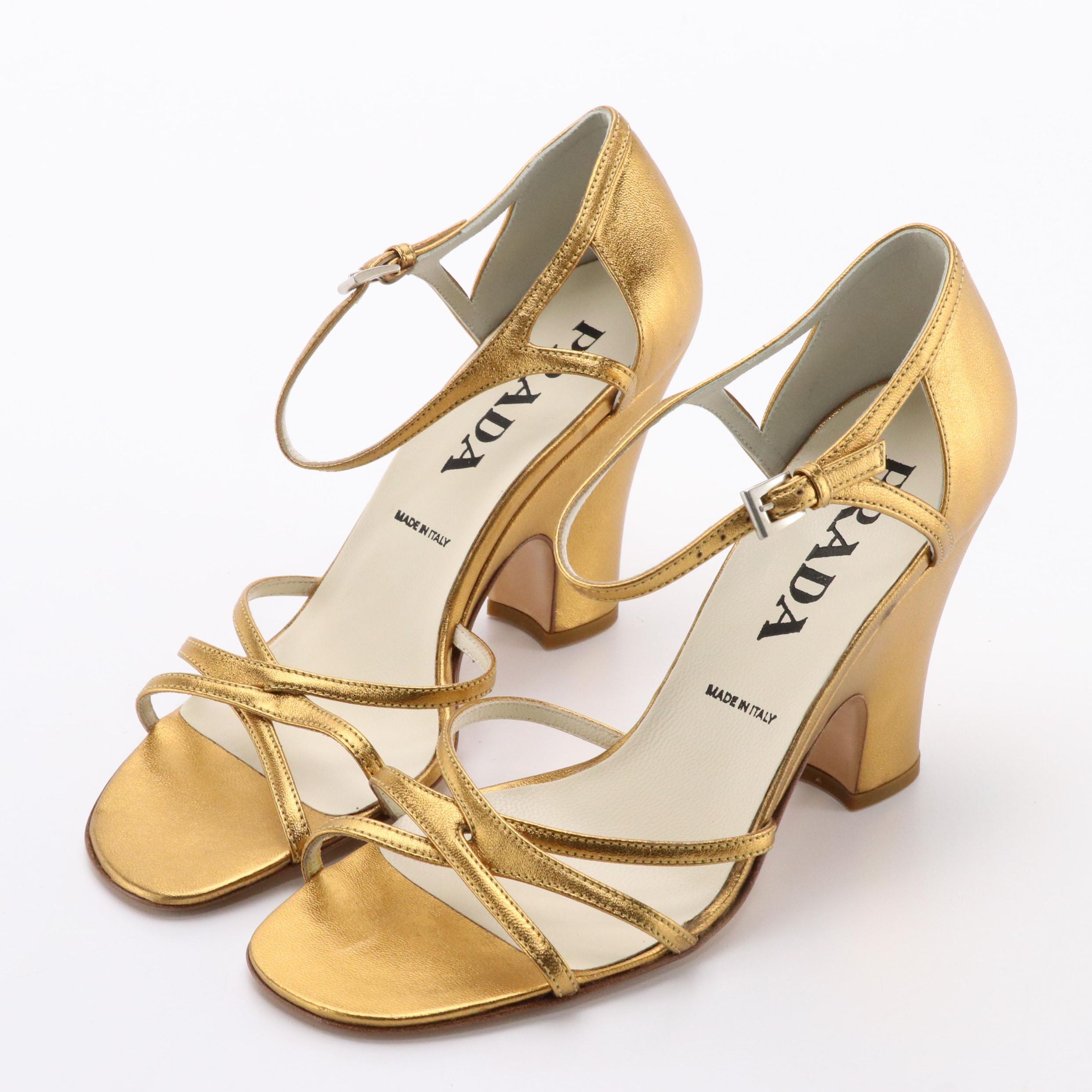 Prada Strappy Metallic Gold Leather Pumps With Box