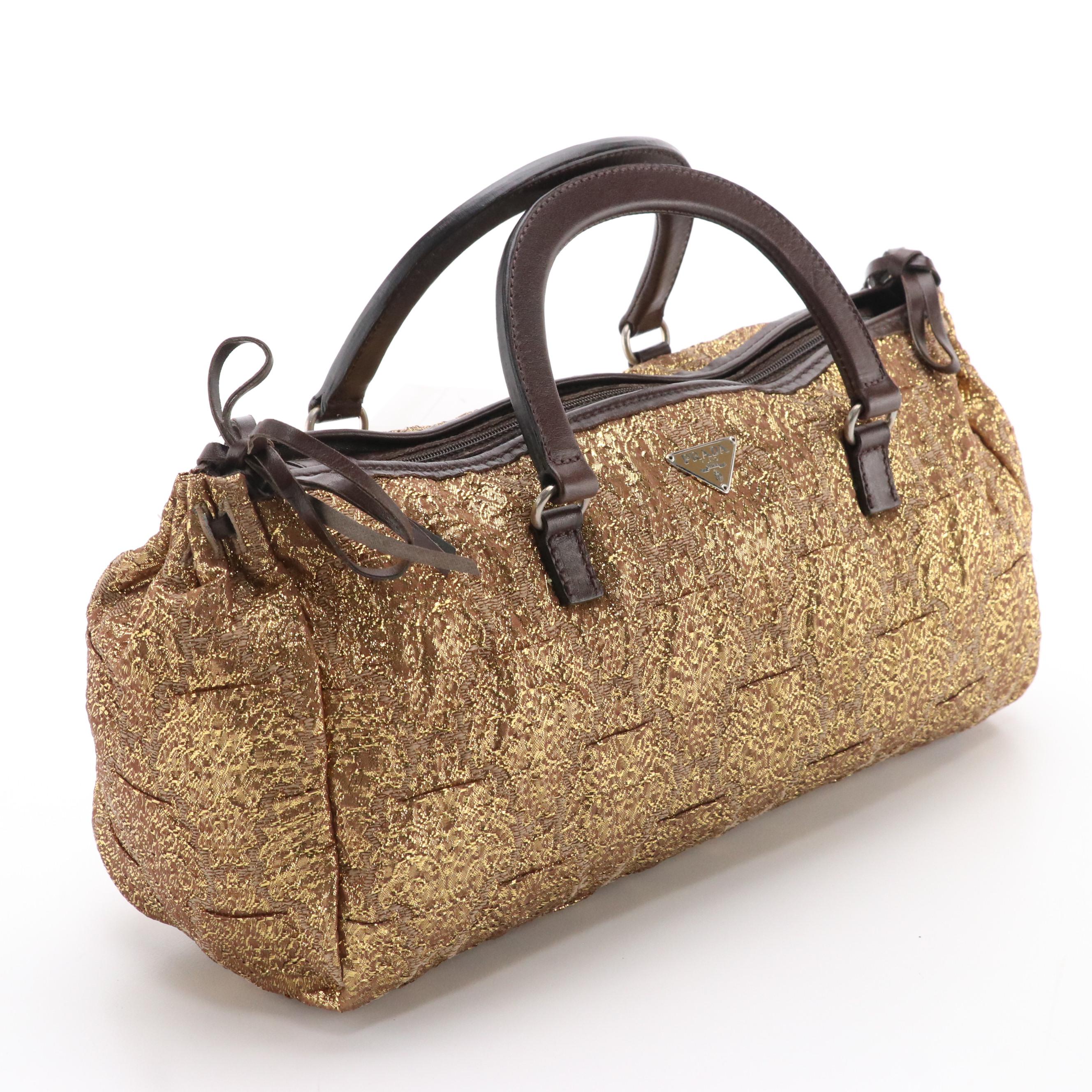 Prada Golden Lamé Brocade Bow Accented Top Handle Bag