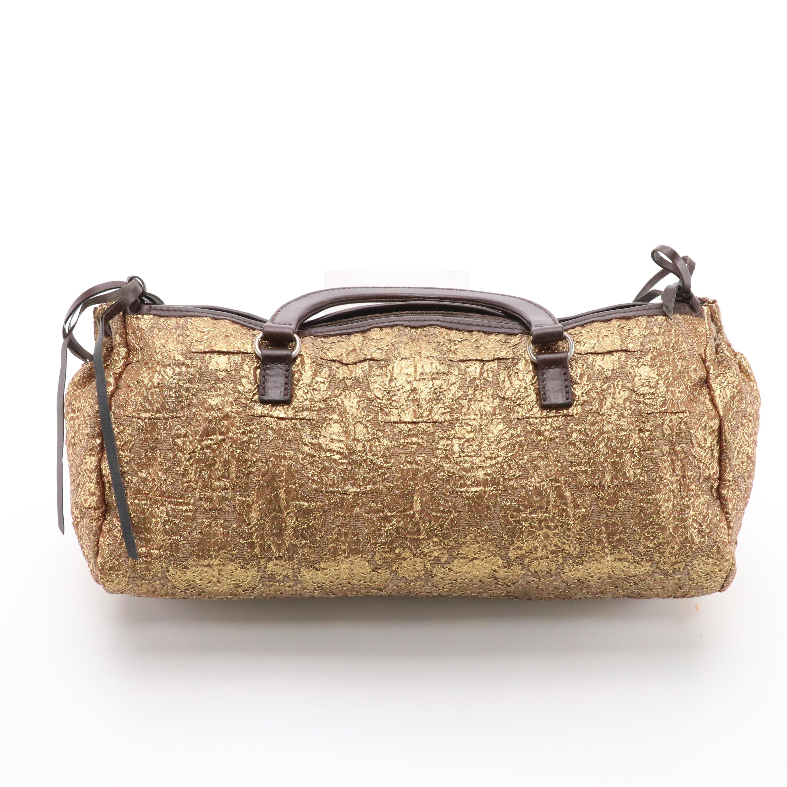 Prada Golden Lamé Brocade Bow Accented Top Handle Bag
