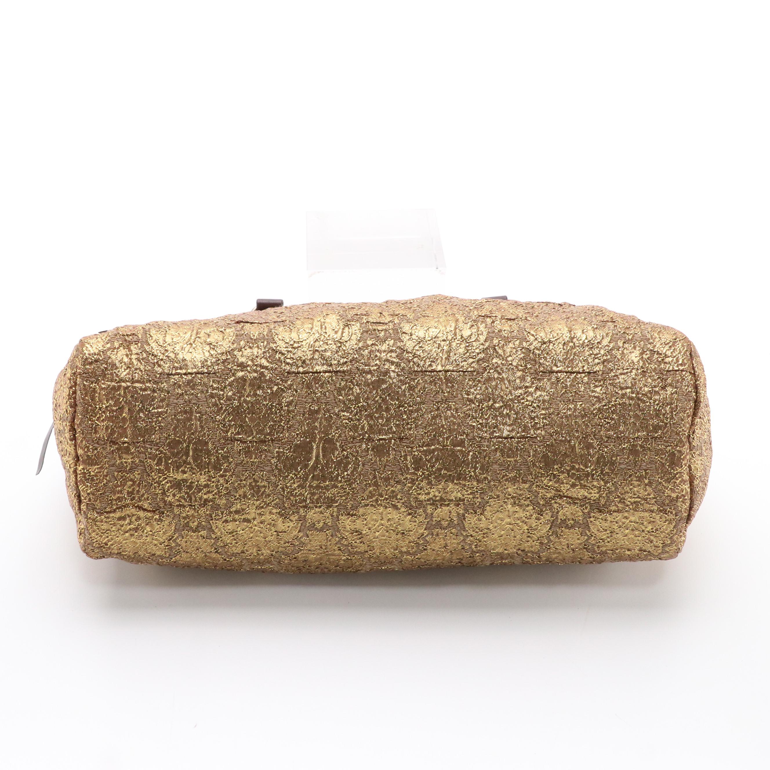 Prada Golden Lamé Brocade Bow Accented Top Handle Bag