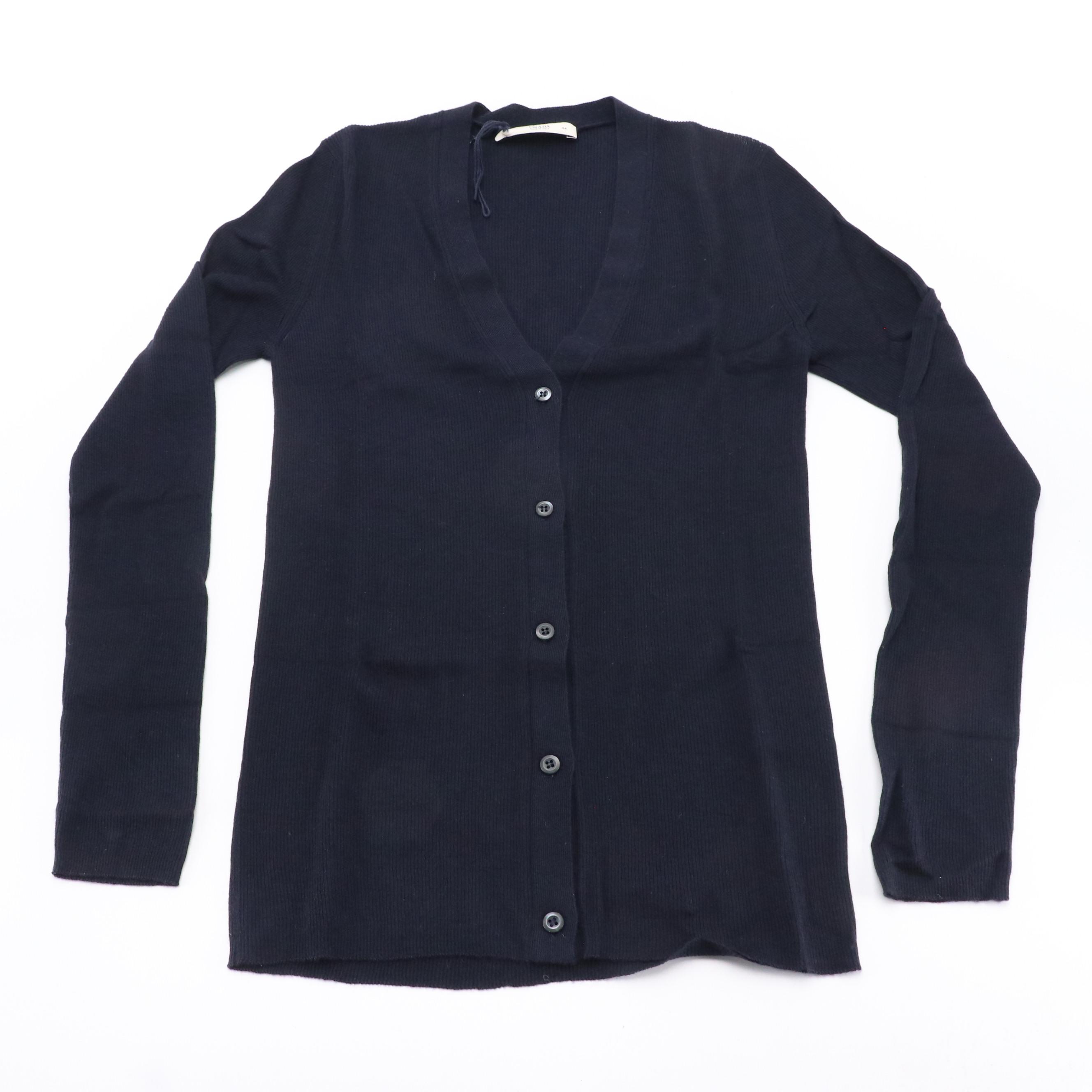 Prada Navy Blue Cashmere and Silk Blend Button-Front Lightweight Cardigan