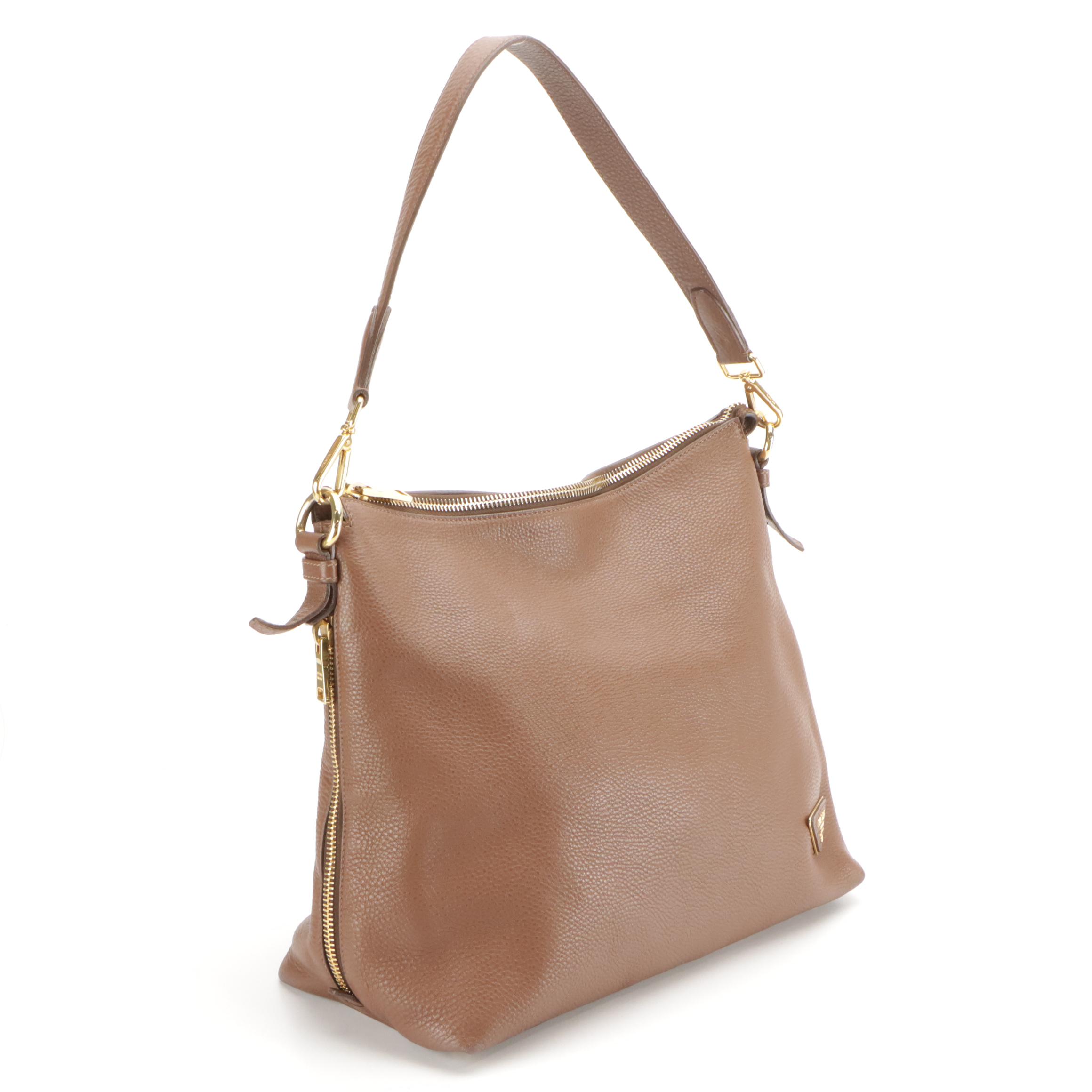 Prada Large Side Zip Hobo Shoulder Bag in Brown Vitello Daino Leather