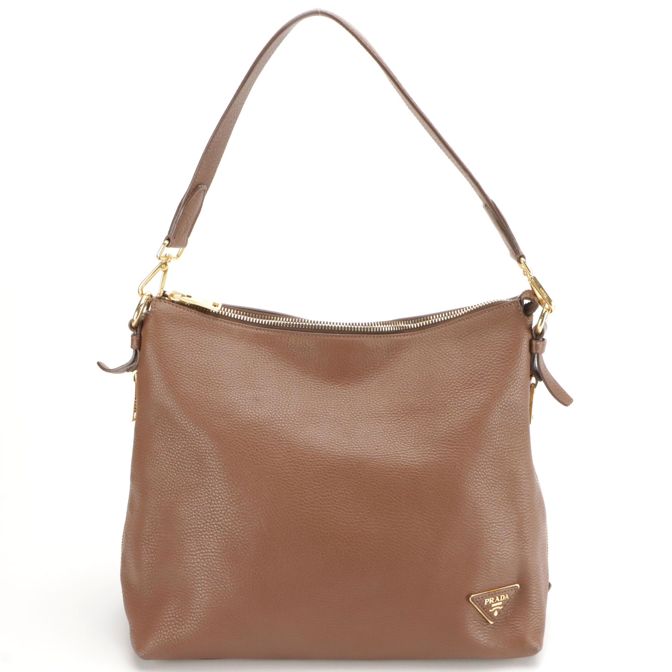 Prada Large Side Zip Hobo Shoulder Bag in Brown Vitello Daino Leather