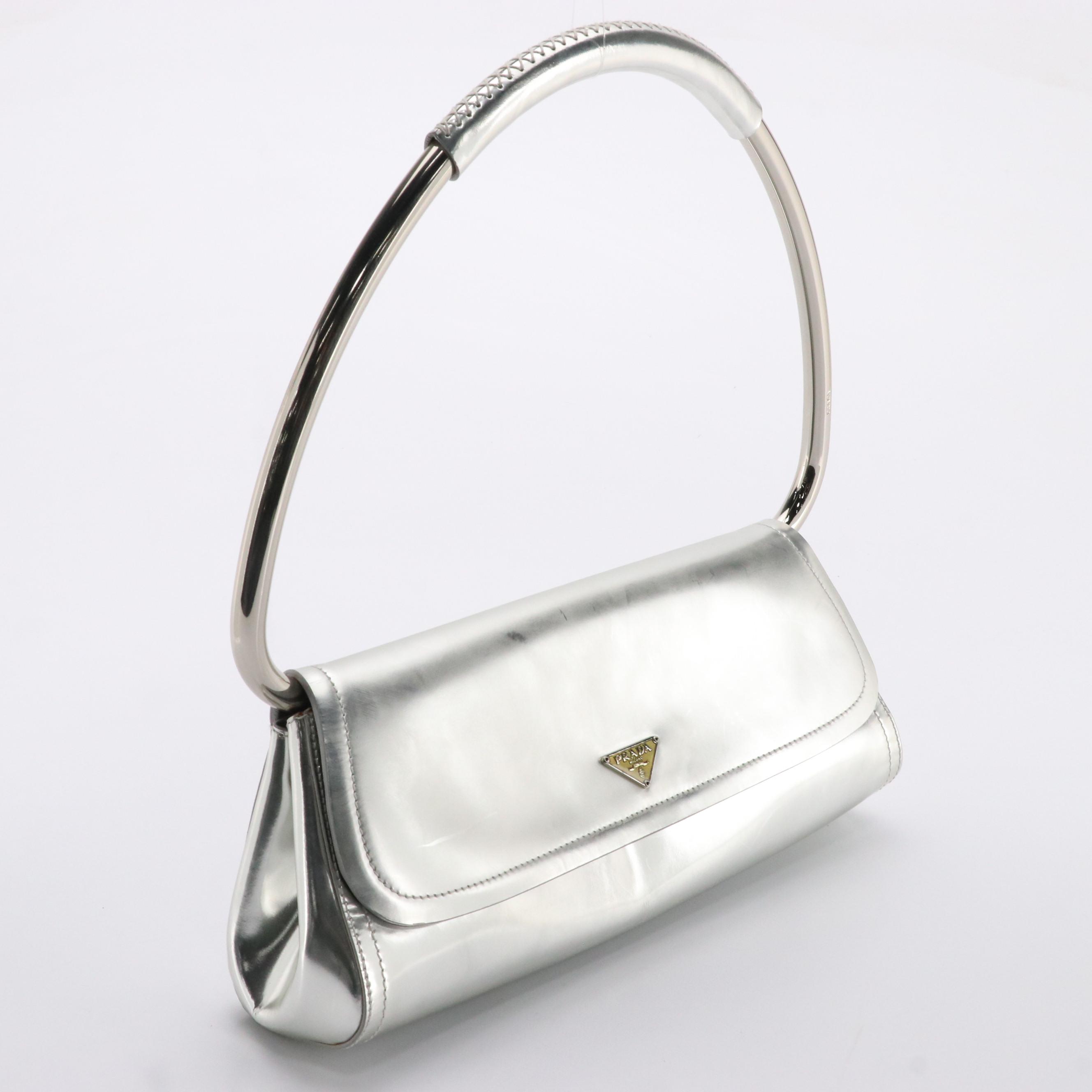 Prada Silver Mirror Patent Leather Handle Bar Bag