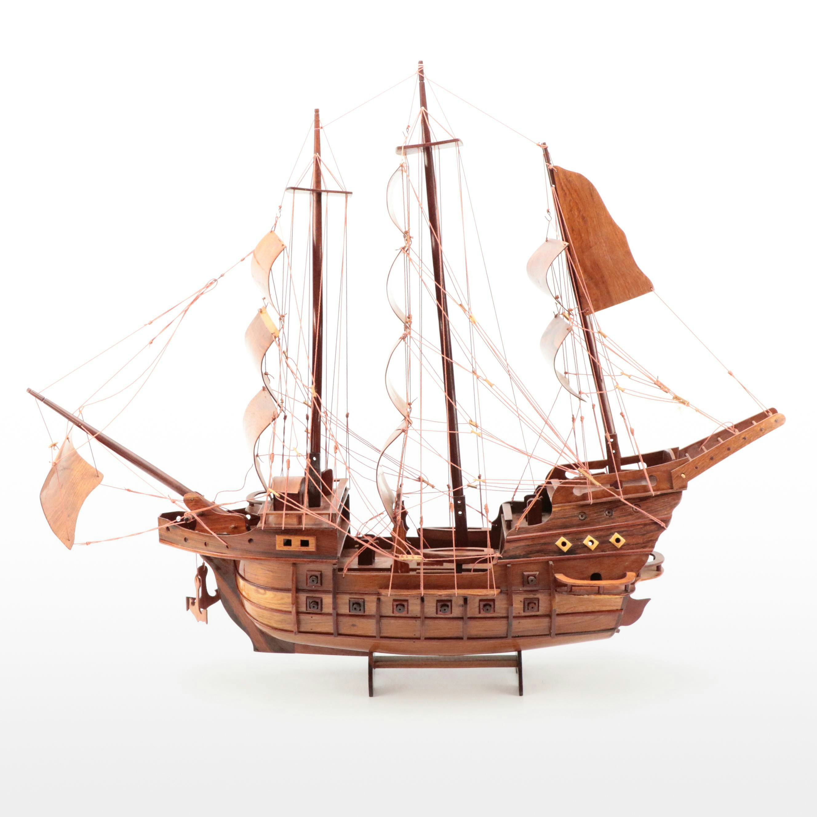 Hand-Crafted Wood Model of Galleon Ship, Mid to Late 20th Century