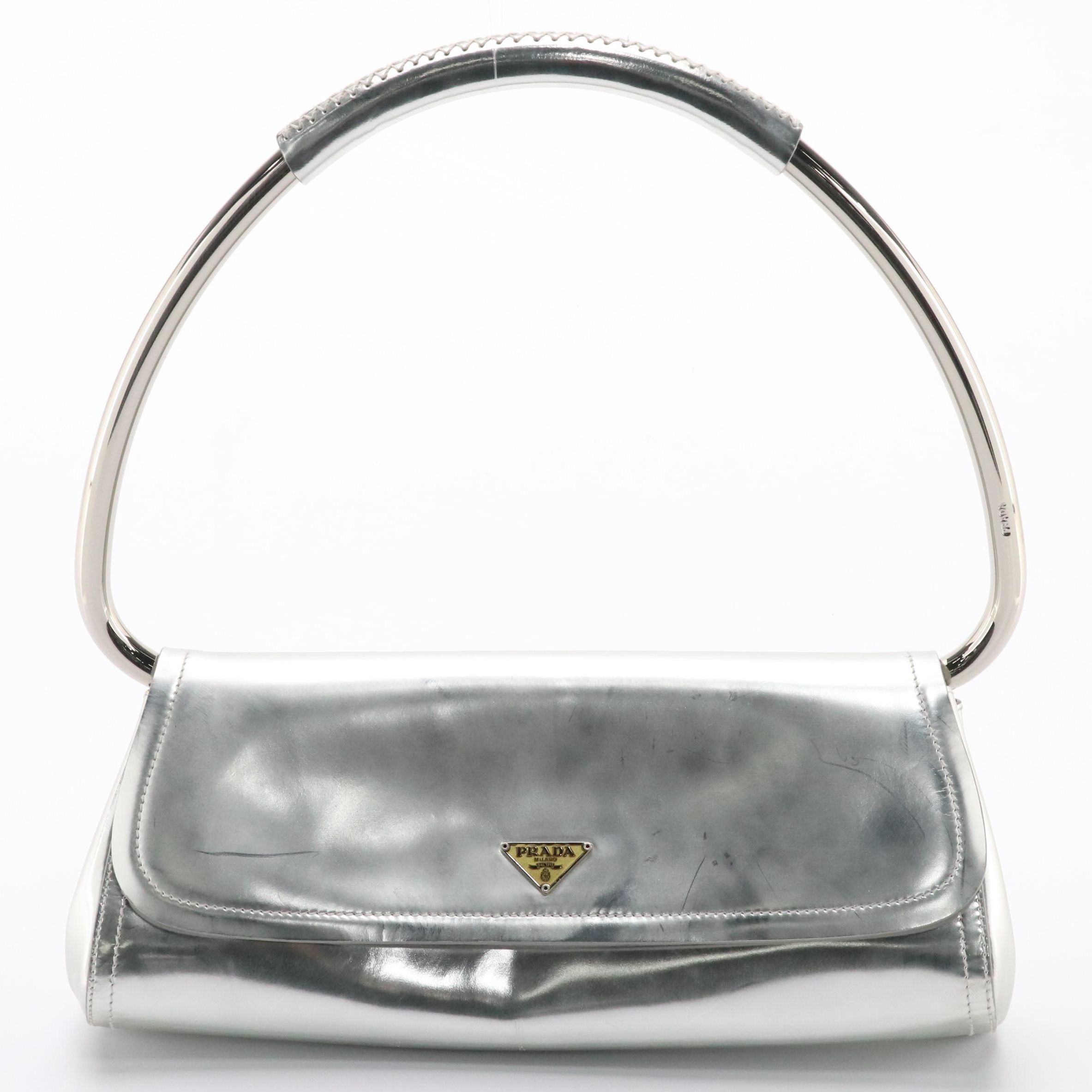 Prada Silver Mirror Patent Leather Handle Bar Bag
