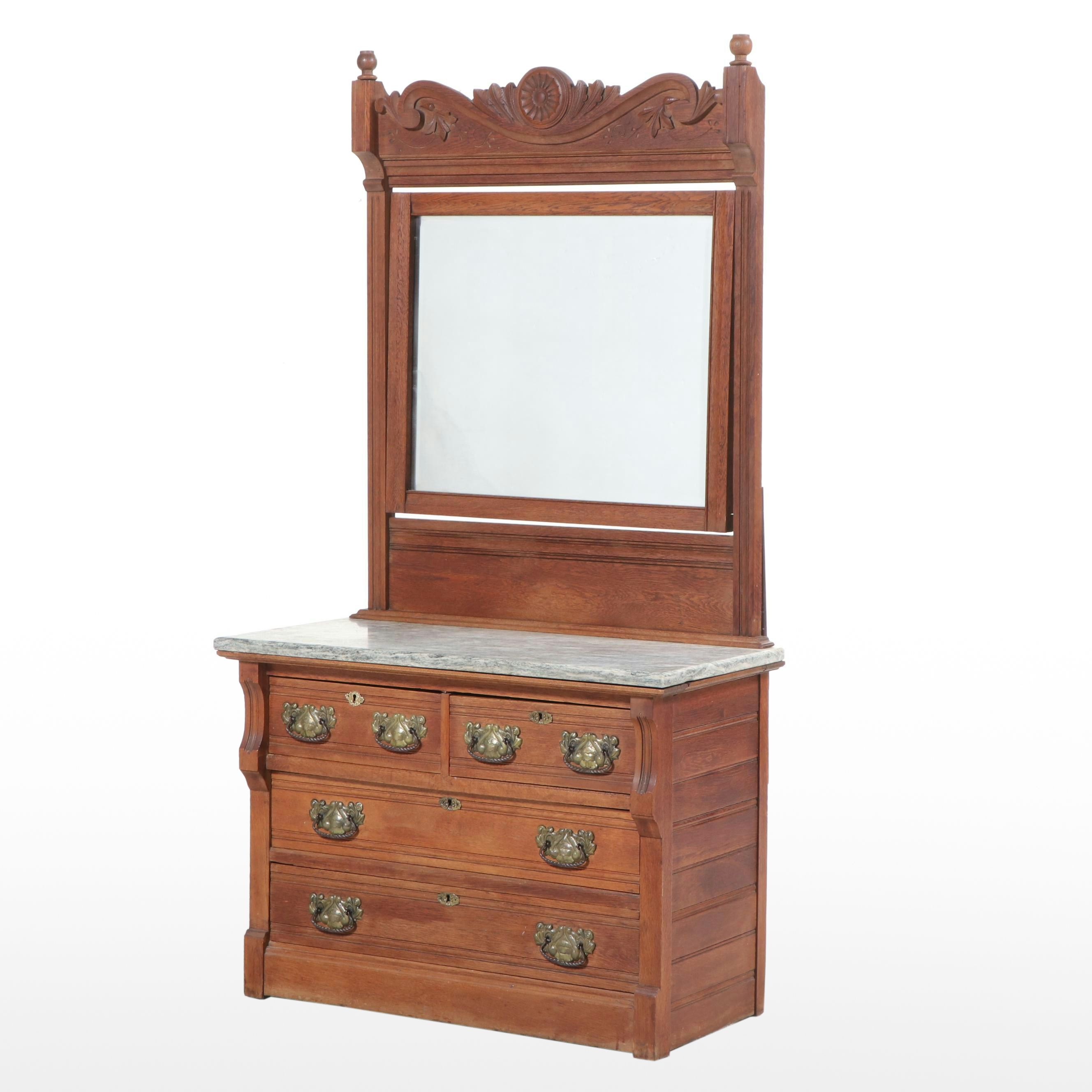 Victorian East Lake Style Walnut and Marble Dresser with Mirror