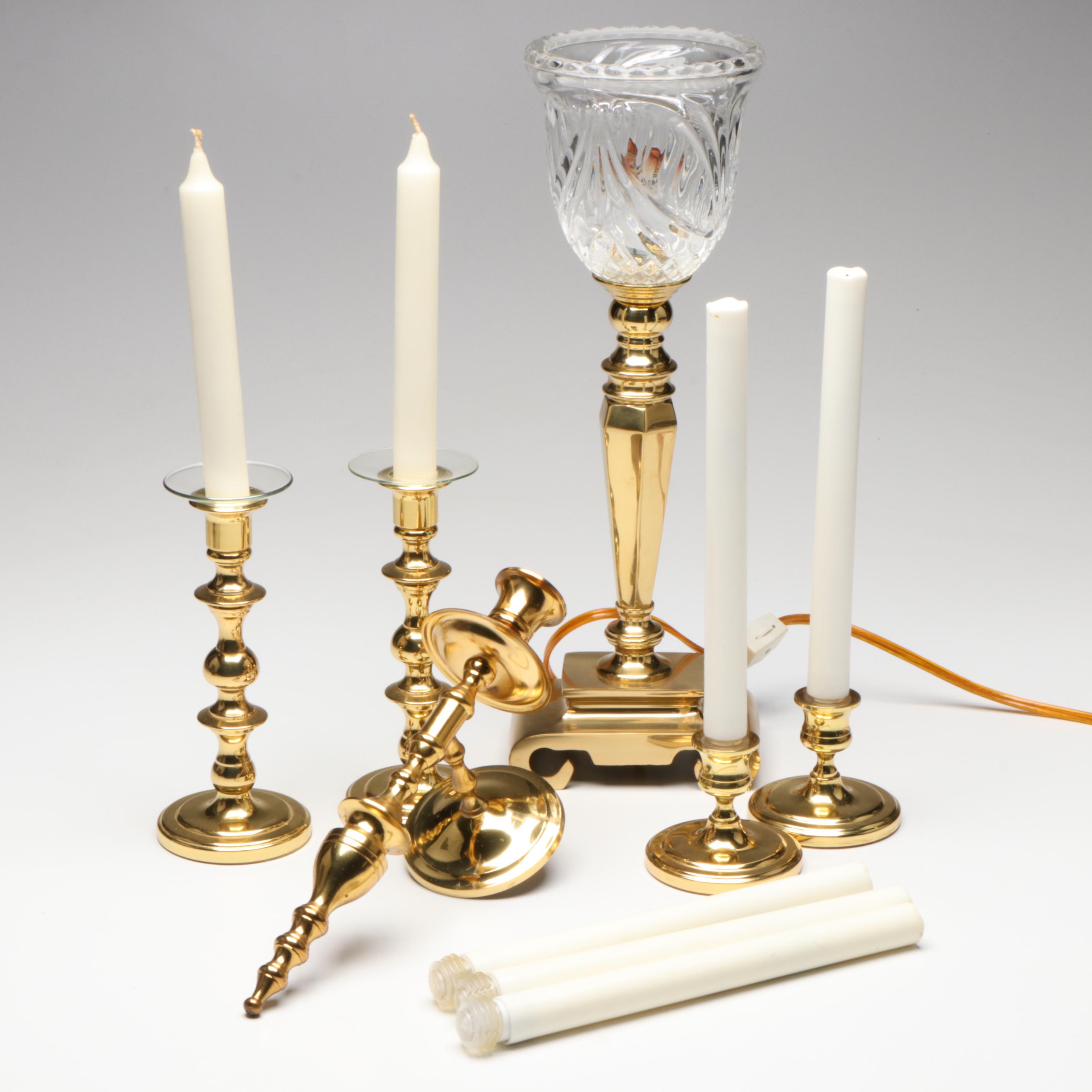 Baldwin Brass Candlesticks with Crystal and Brass Electric Lamp and Wall Sconce