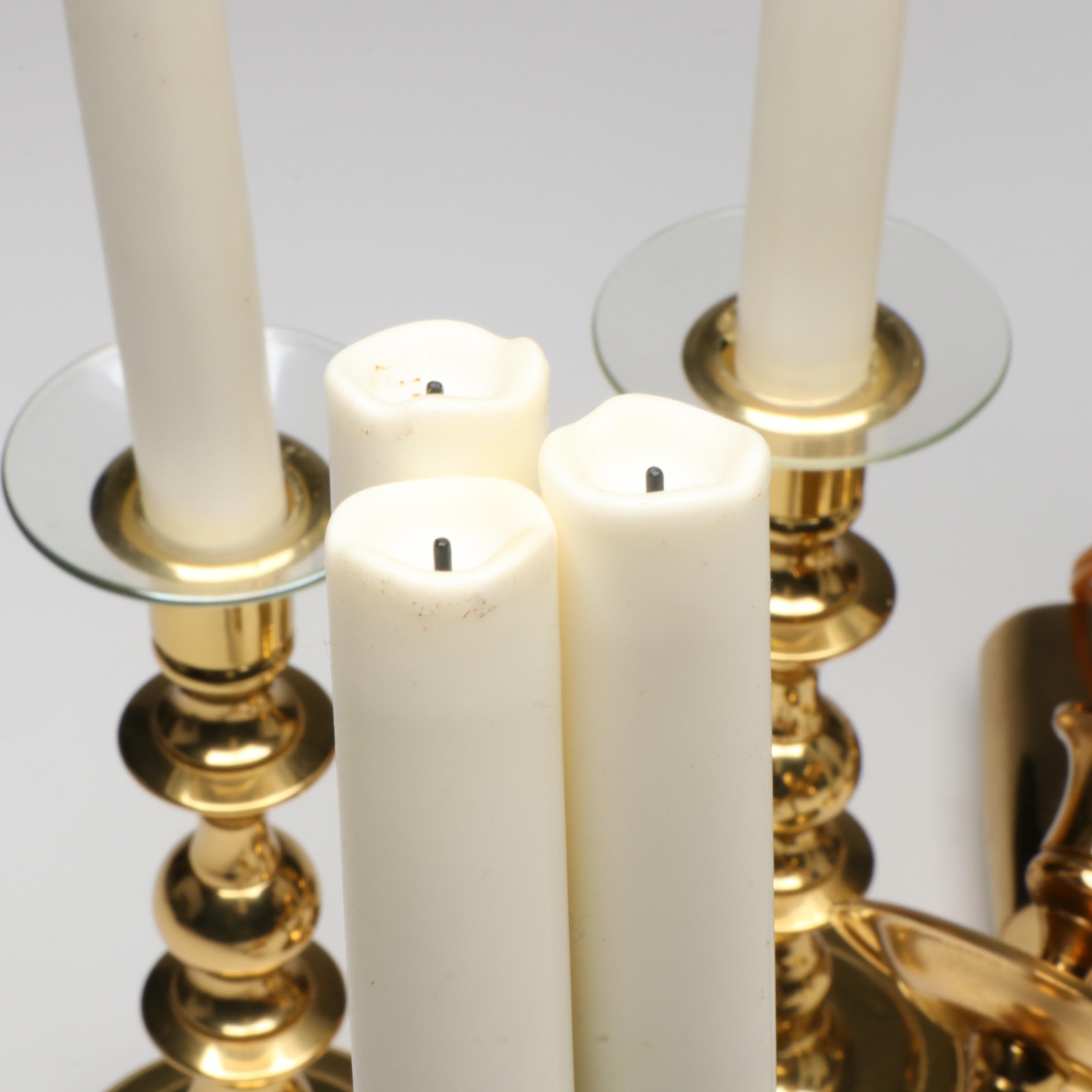 Baldwin Brass Candlesticks with Crystal and Brass Electric Lamp and Wall Sconce