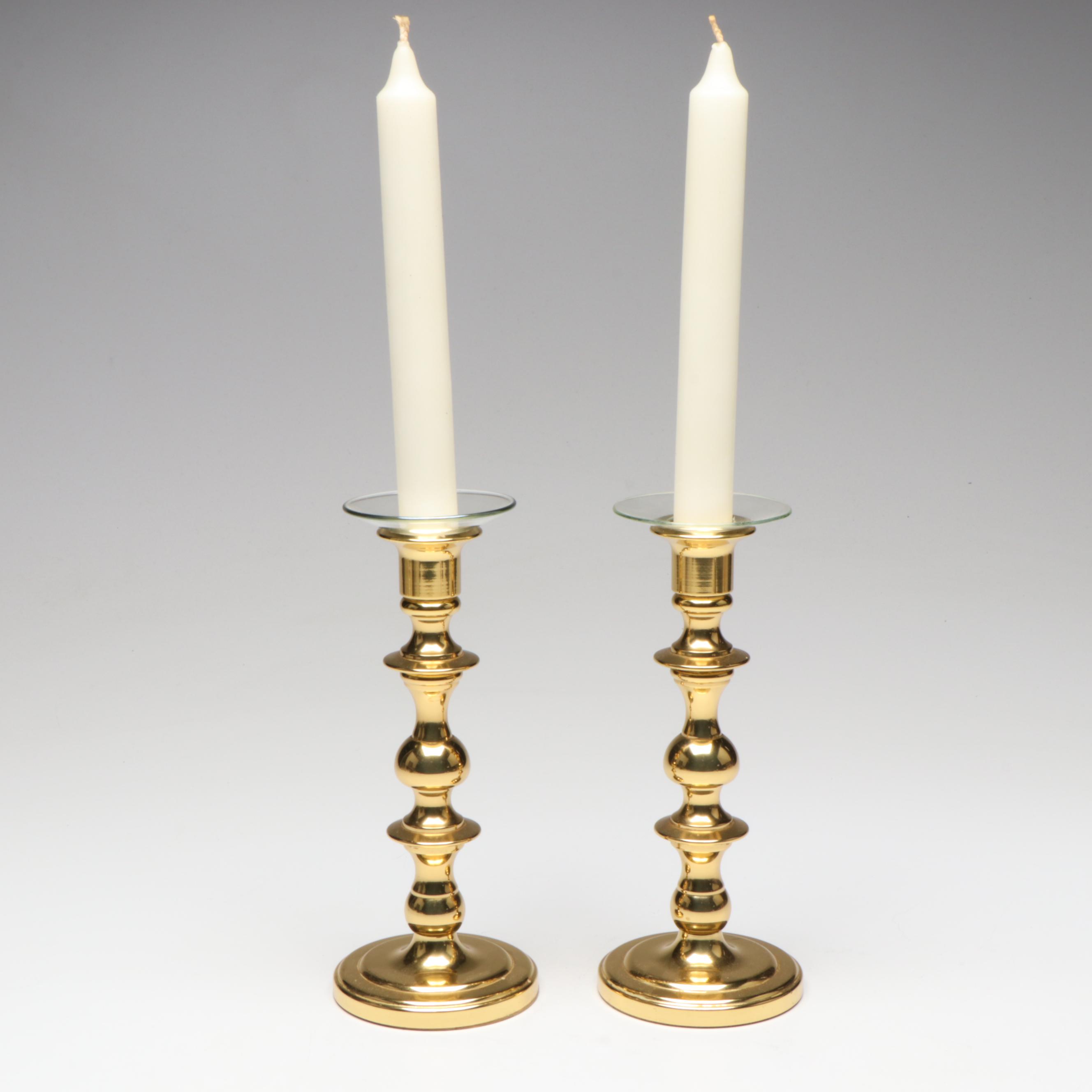Baldwin Brass Candlesticks with Crystal and Brass Electric Lamp and Wall Sconce