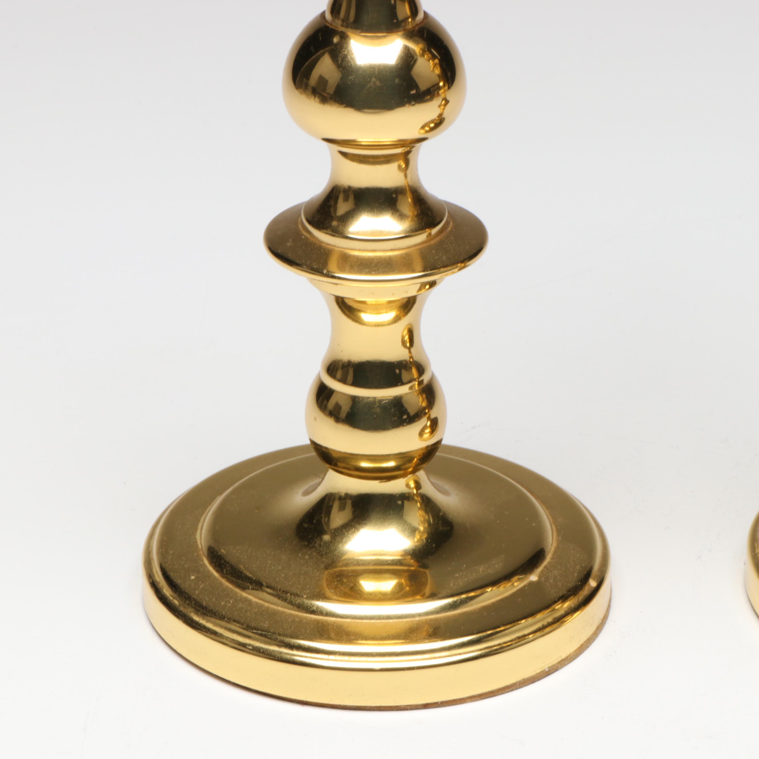 Baldwin Brass Candlesticks with Crystal and Brass Electric Lamp and Wall Sconce