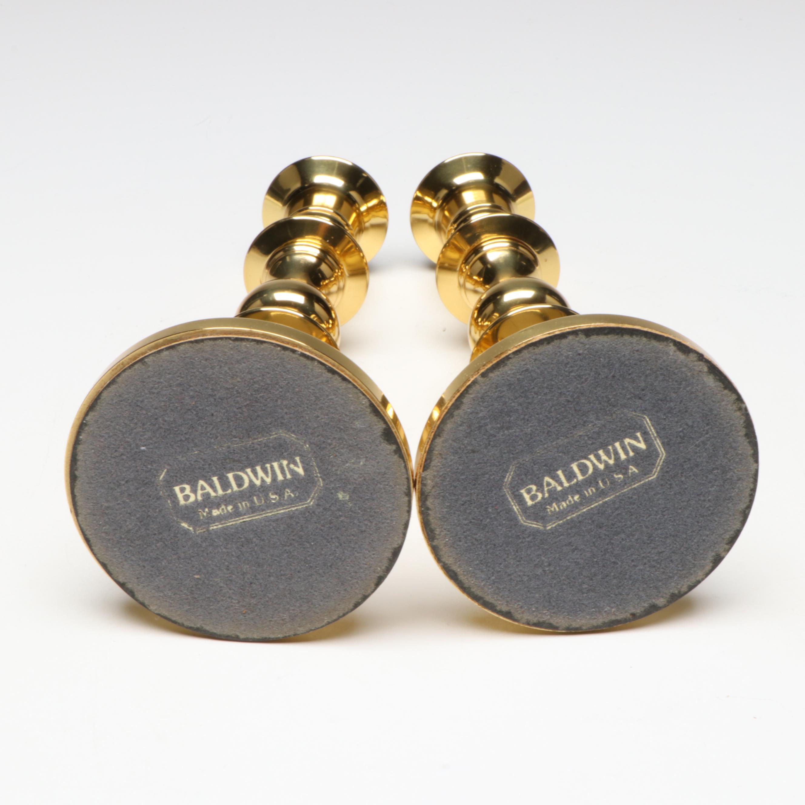 Baldwin Brass Candlesticks with Crystal and Brass Electric Lamp and Wall Sconce