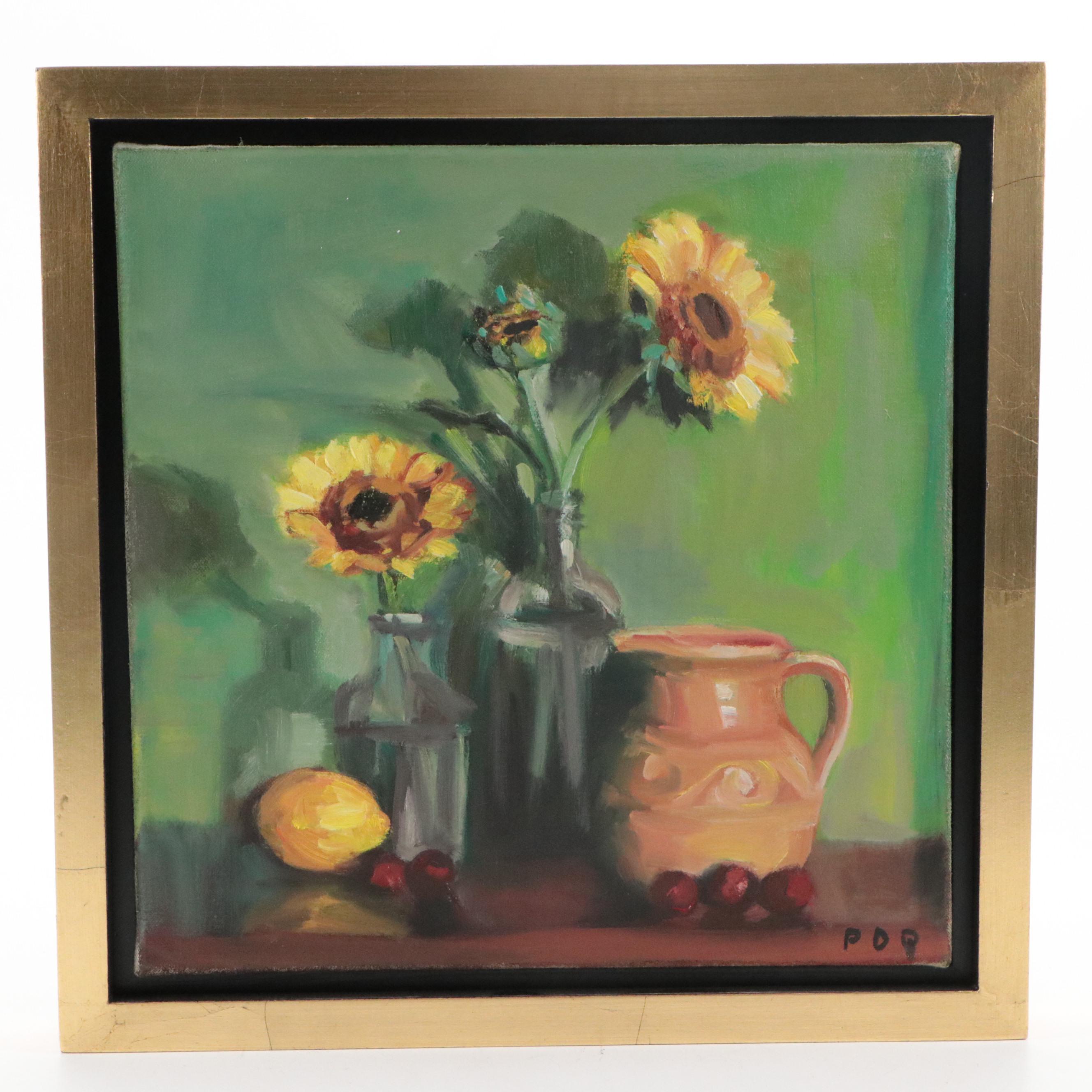 Peter Chorao Still Life Oil Painting with Sunflowers and a Lemon
