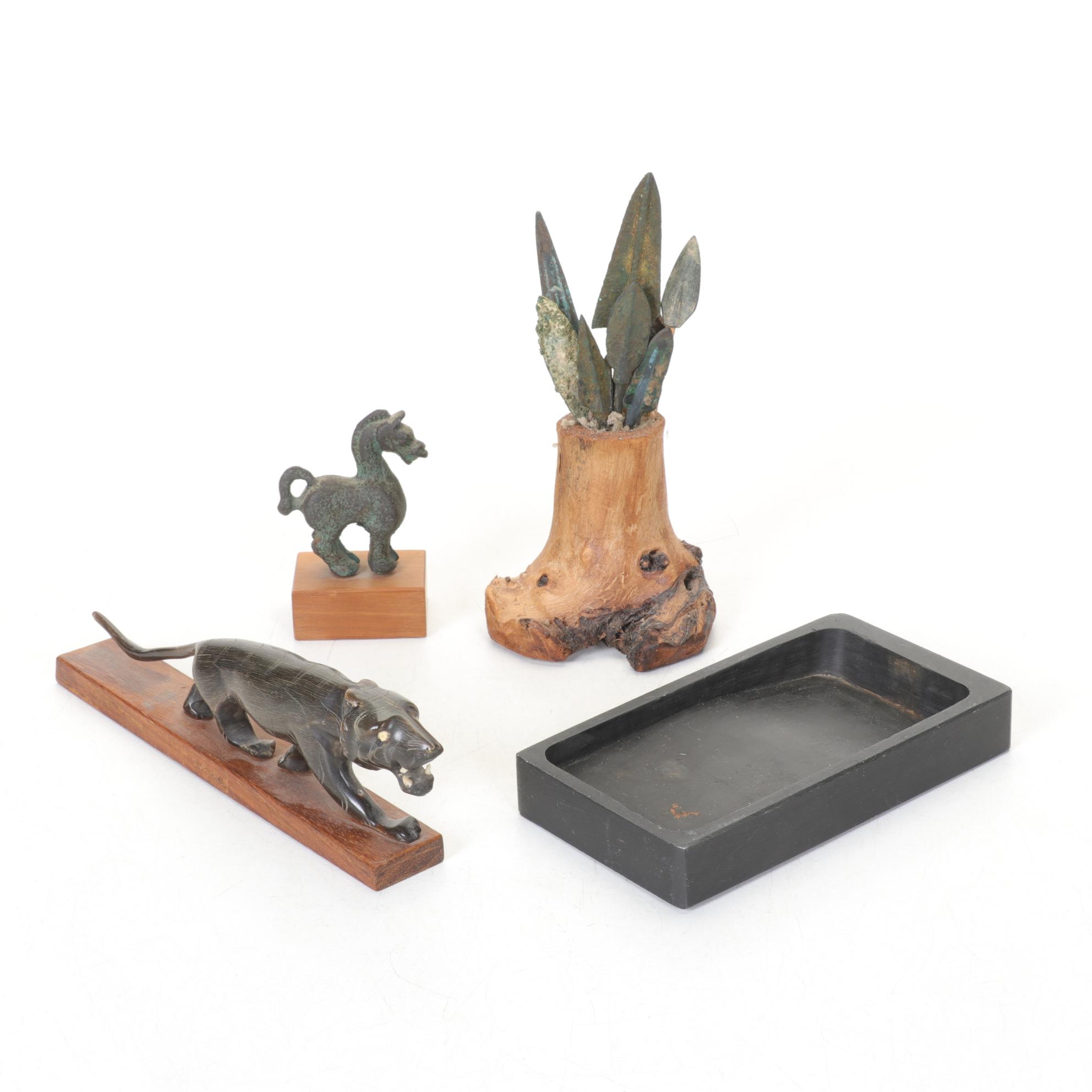Alva Studios Ha Ming Horse with Carved Panther, Patina Arrowhead Bush & Inkstone