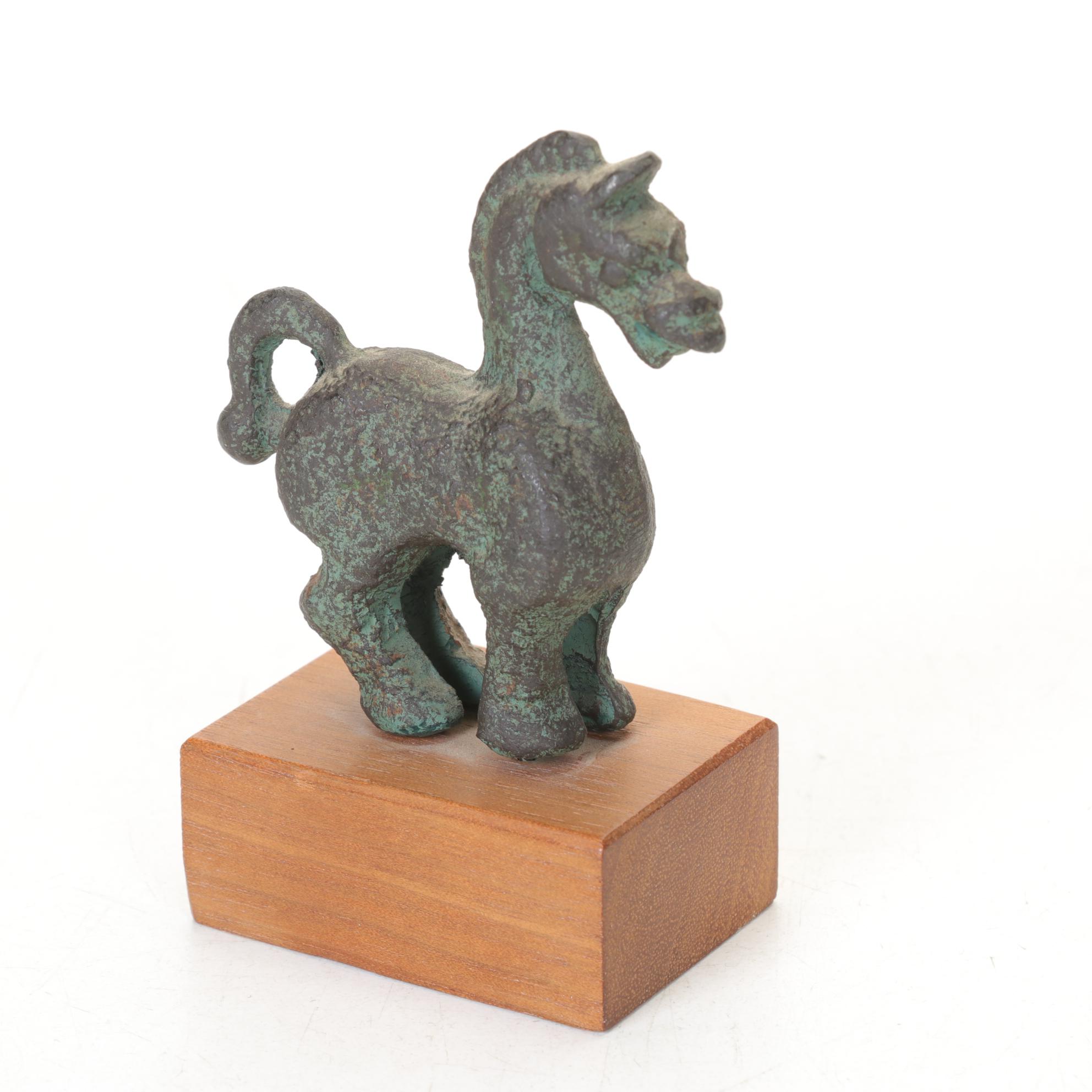 Alva Studios Ha Ming Horse with Carved Panther, Patina Arrowhead Bush & Inkstone