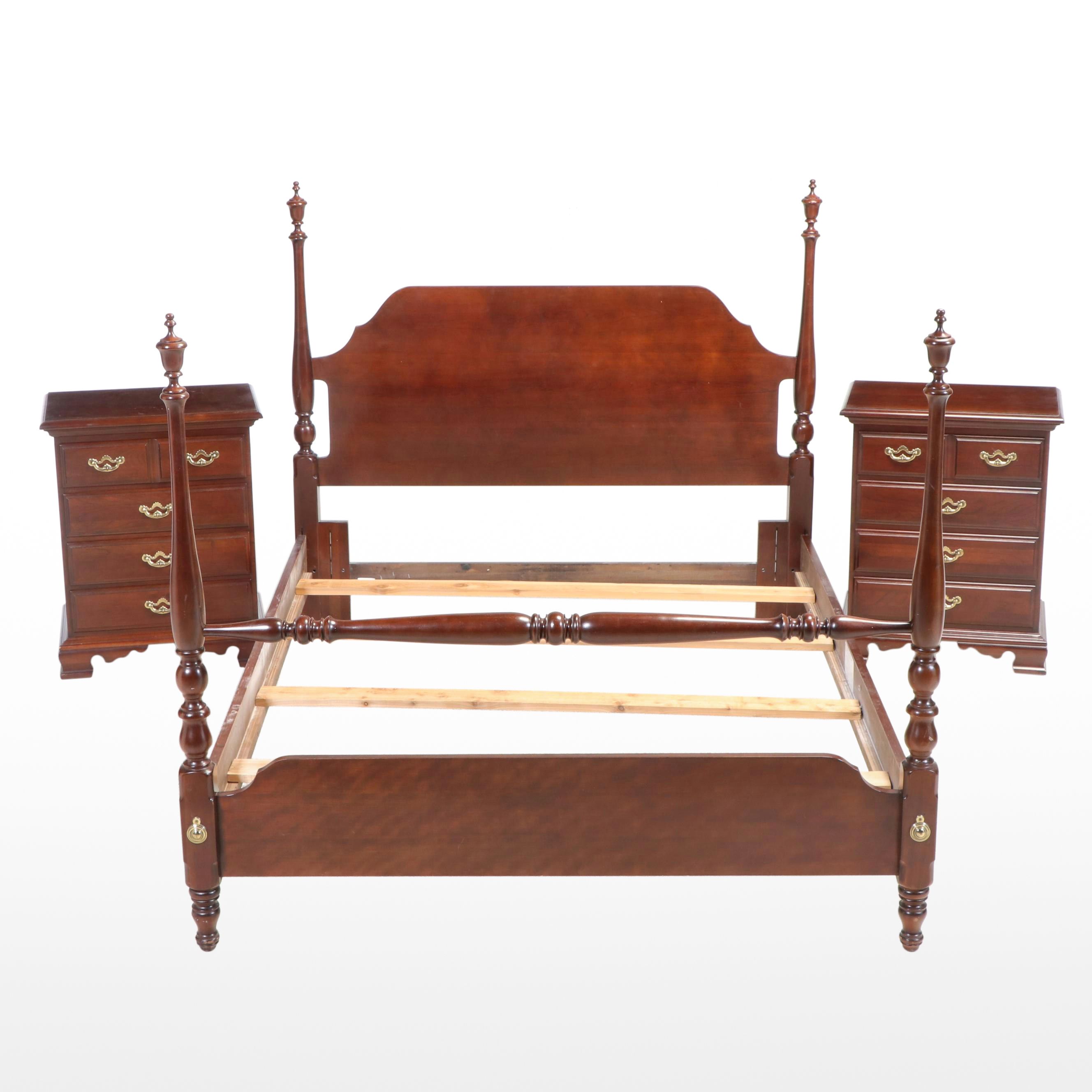 Thomasville Federal Style Cherry Four Poster Queen Size Bed and Nightstand Pair