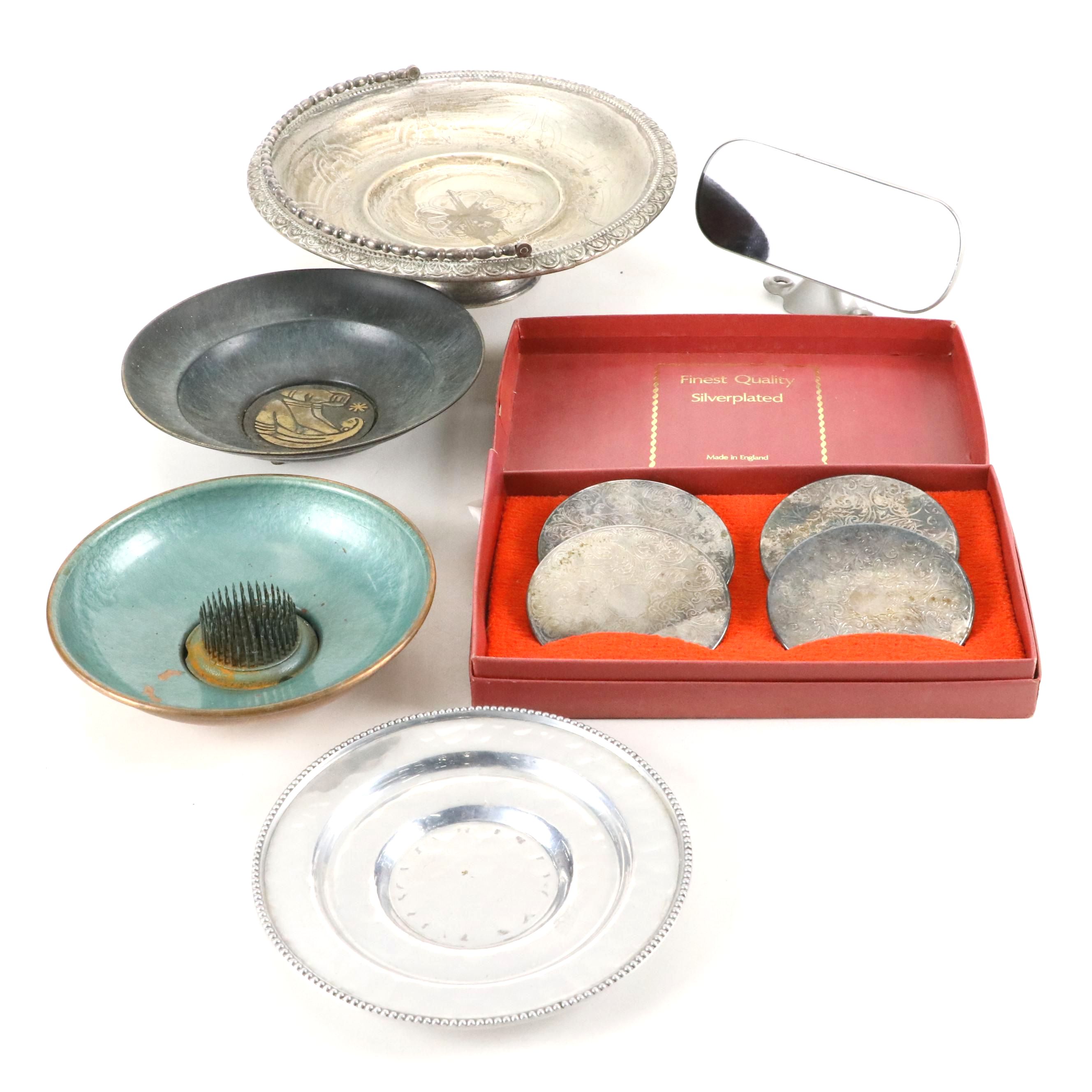 English Silver Plate Coasters with Table Accessories and Rear View Car Mirror