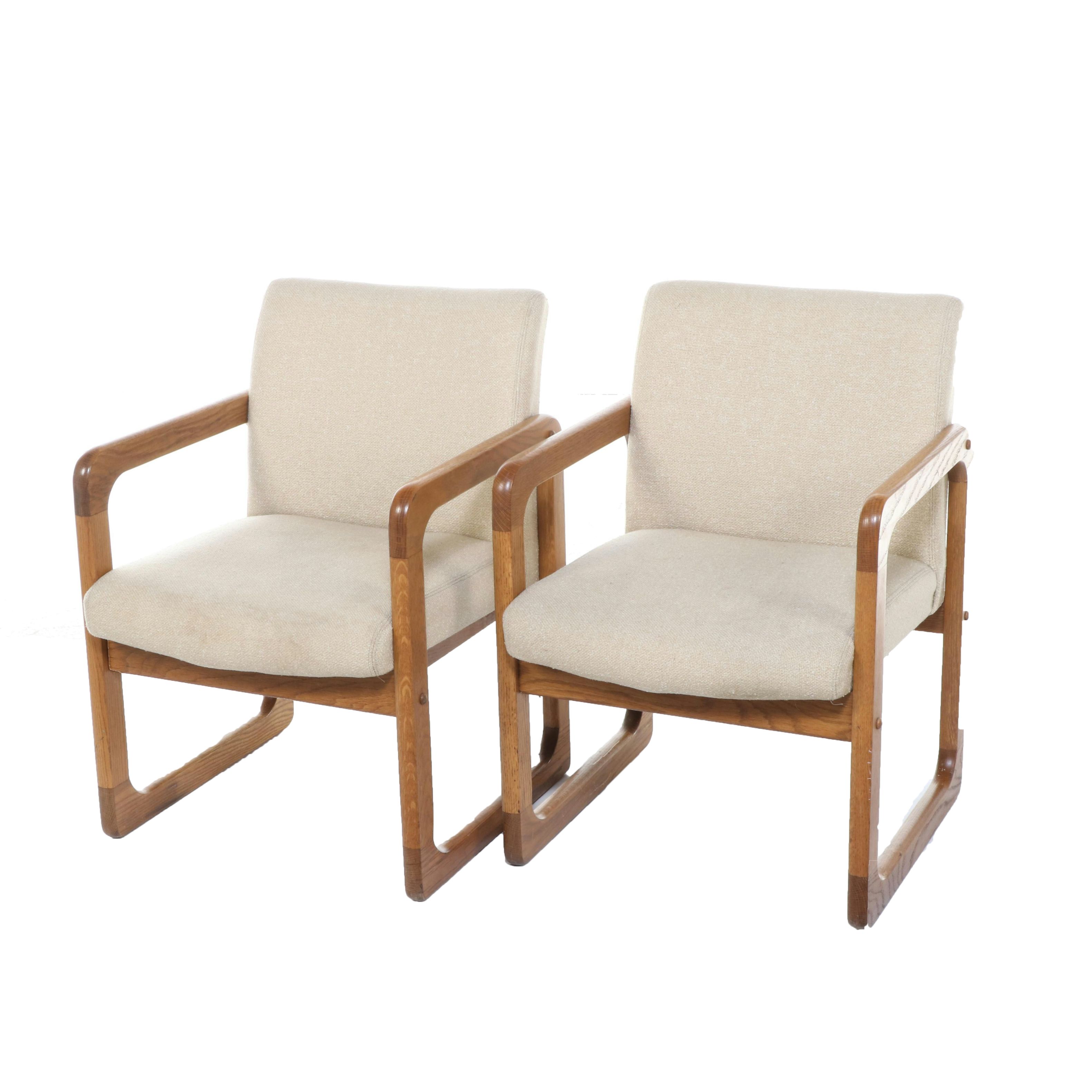 Pair of Danish Modern Sculpted Oak and Upholstered Armchairs