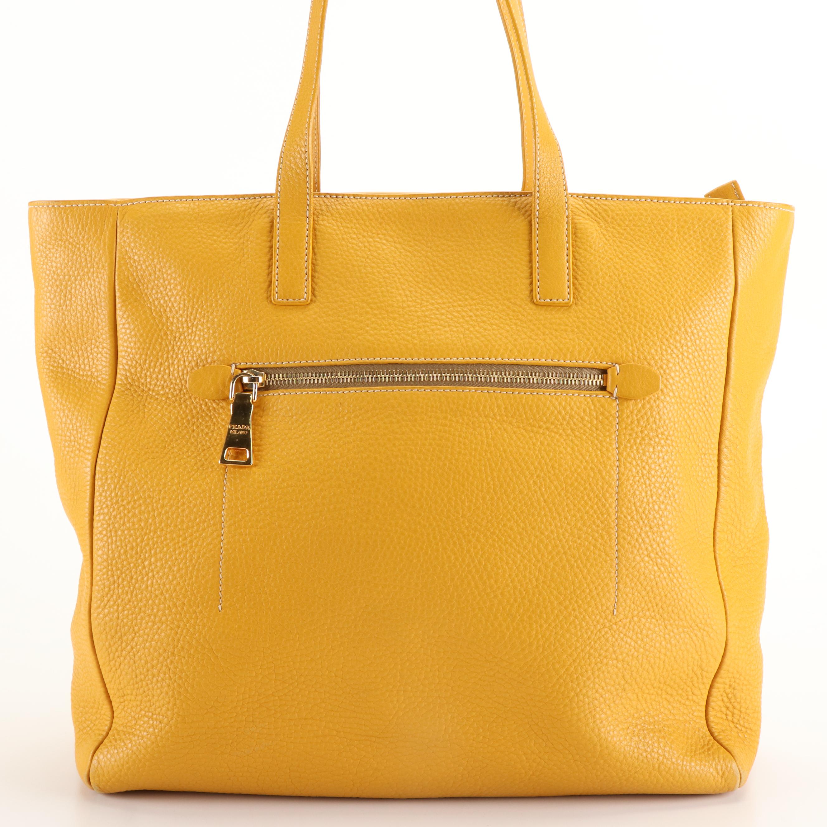 Prada Front Pocket Tote Bag in Yellow Pebbled Leather