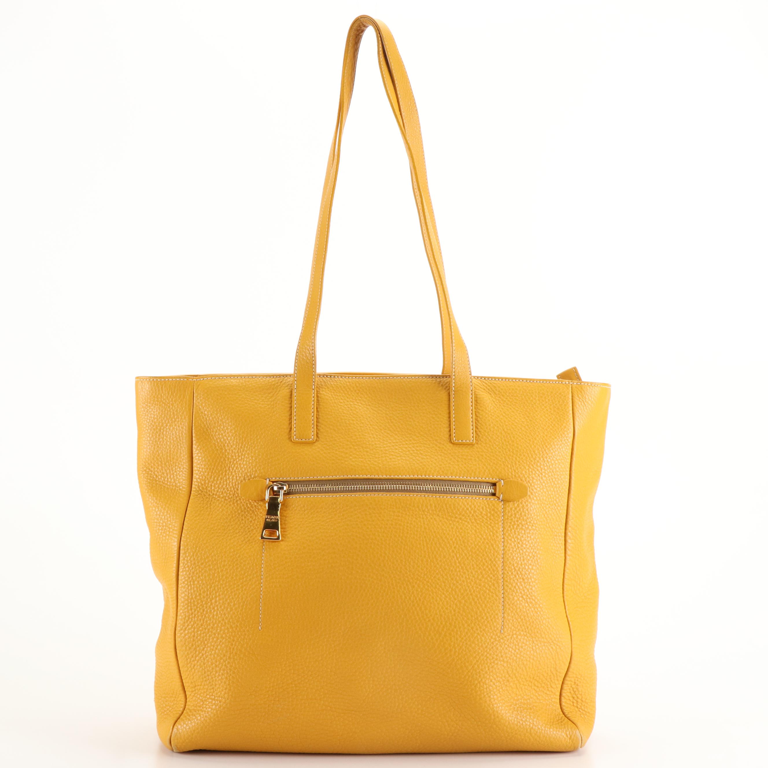 Prada Front Pocket Tote Bag in Yellow Pebbled Leather
