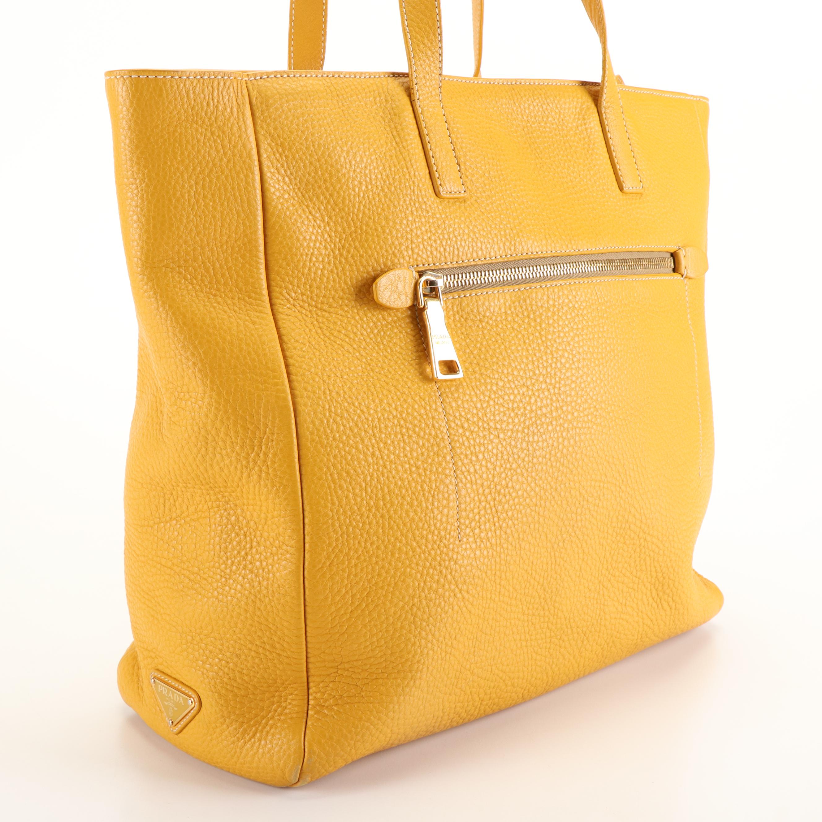 Prada Front Pocket Tote Bag in Yellow Pebbled Leather