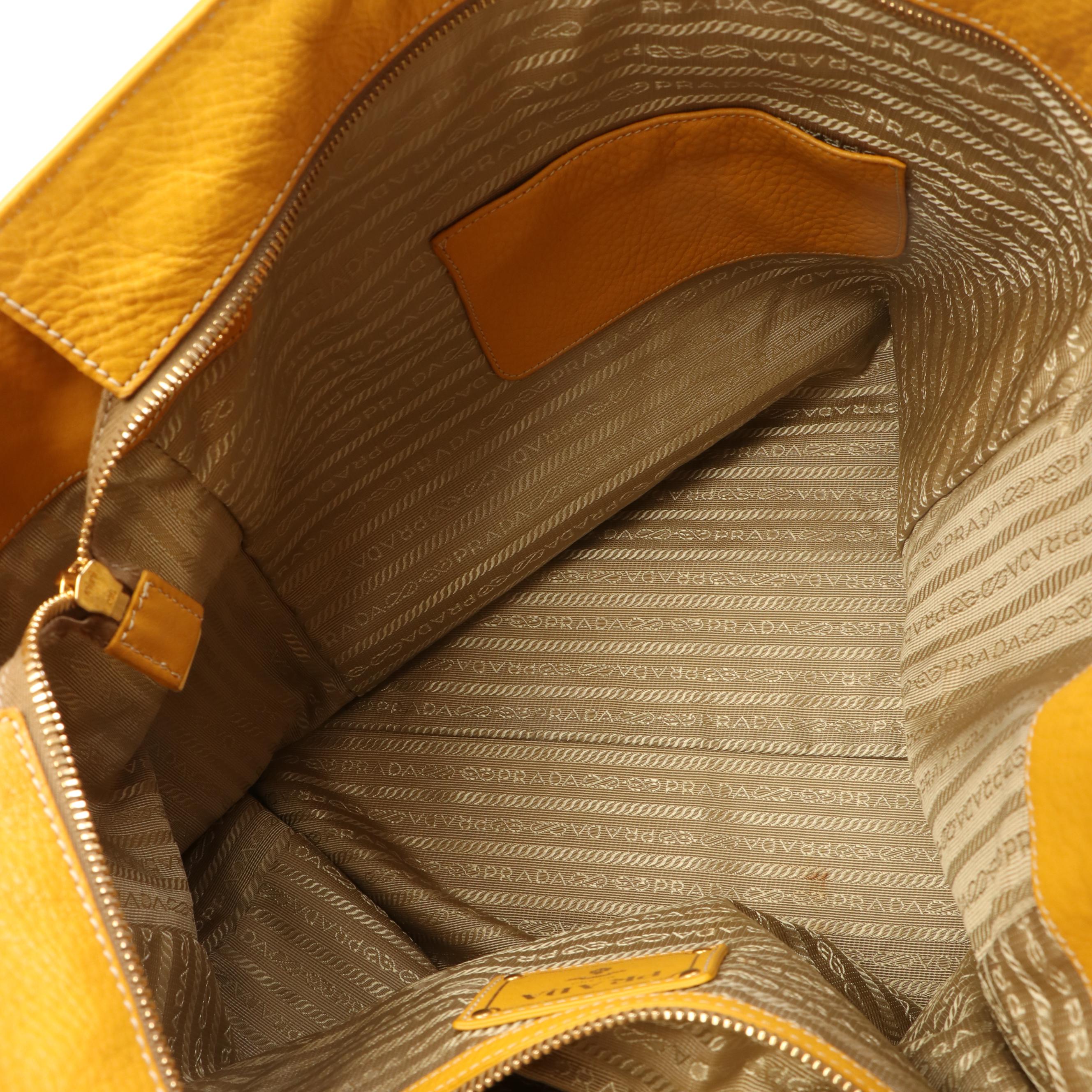 Prada Front Pocket Tote Bag in Yellow Pebbled Leather